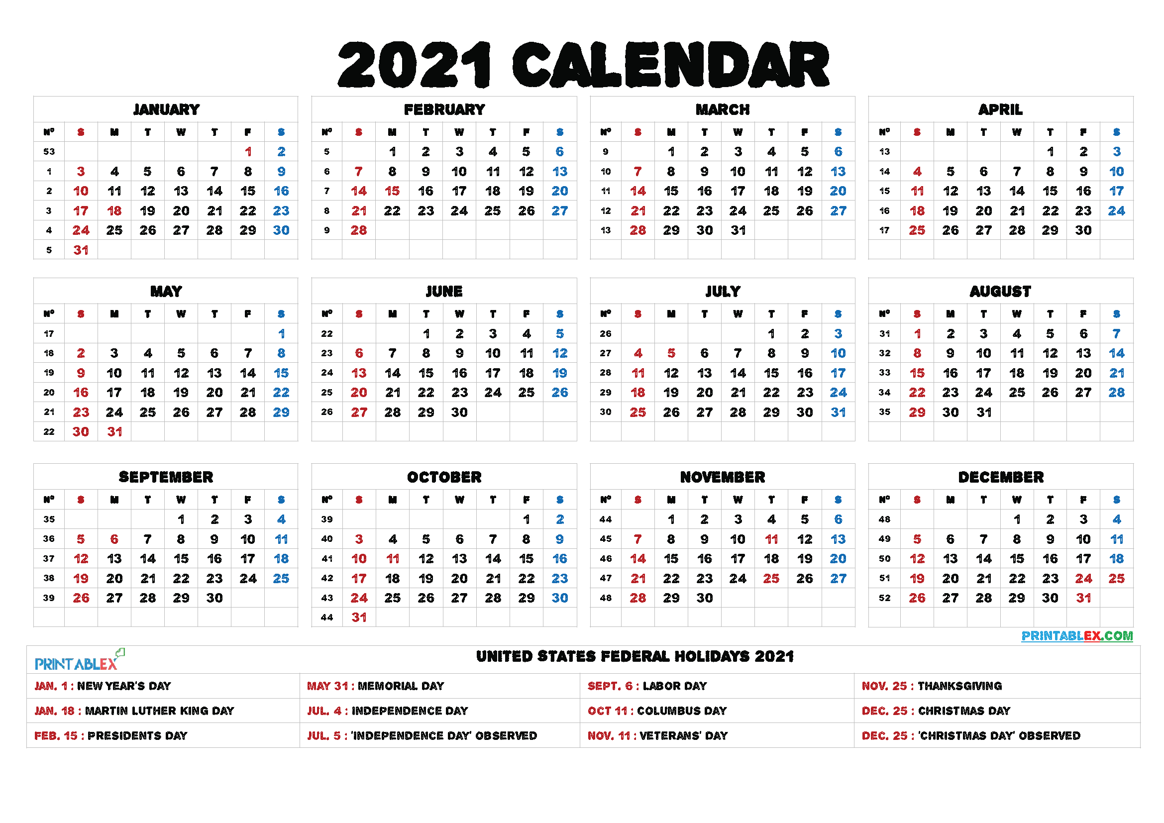 2021 Printable Calendar With Holidays