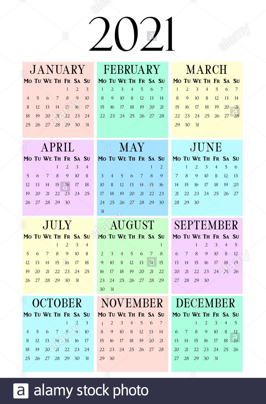 2021 Year Vertical Calendar On A4 Paper Format. Pastel Wall