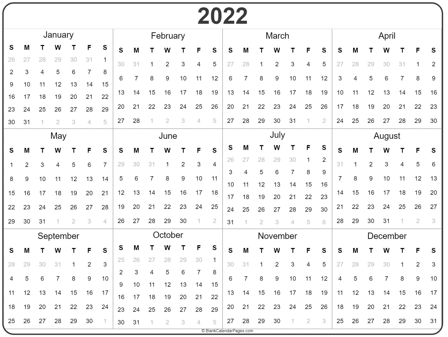 Printable 2022 Calendar On One Page Example Calendar Printable