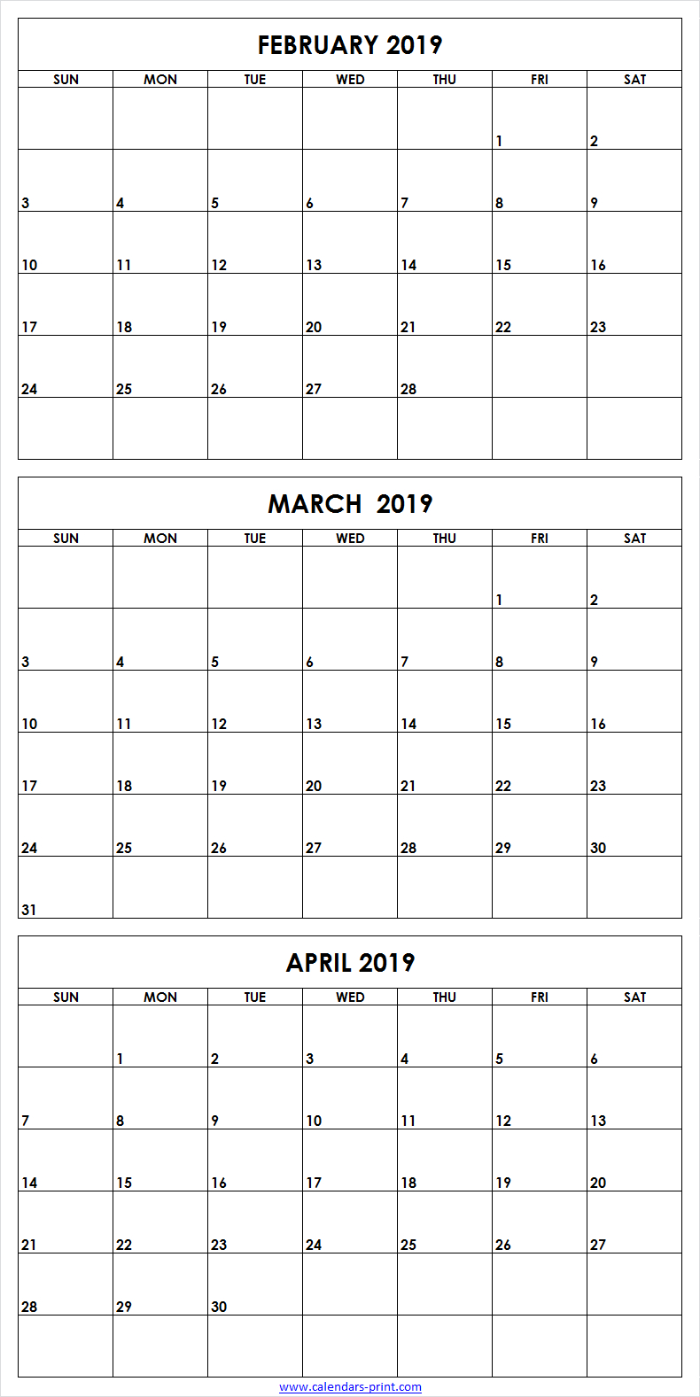 3 Month February To April 2019 Calendar Template | 3 Month