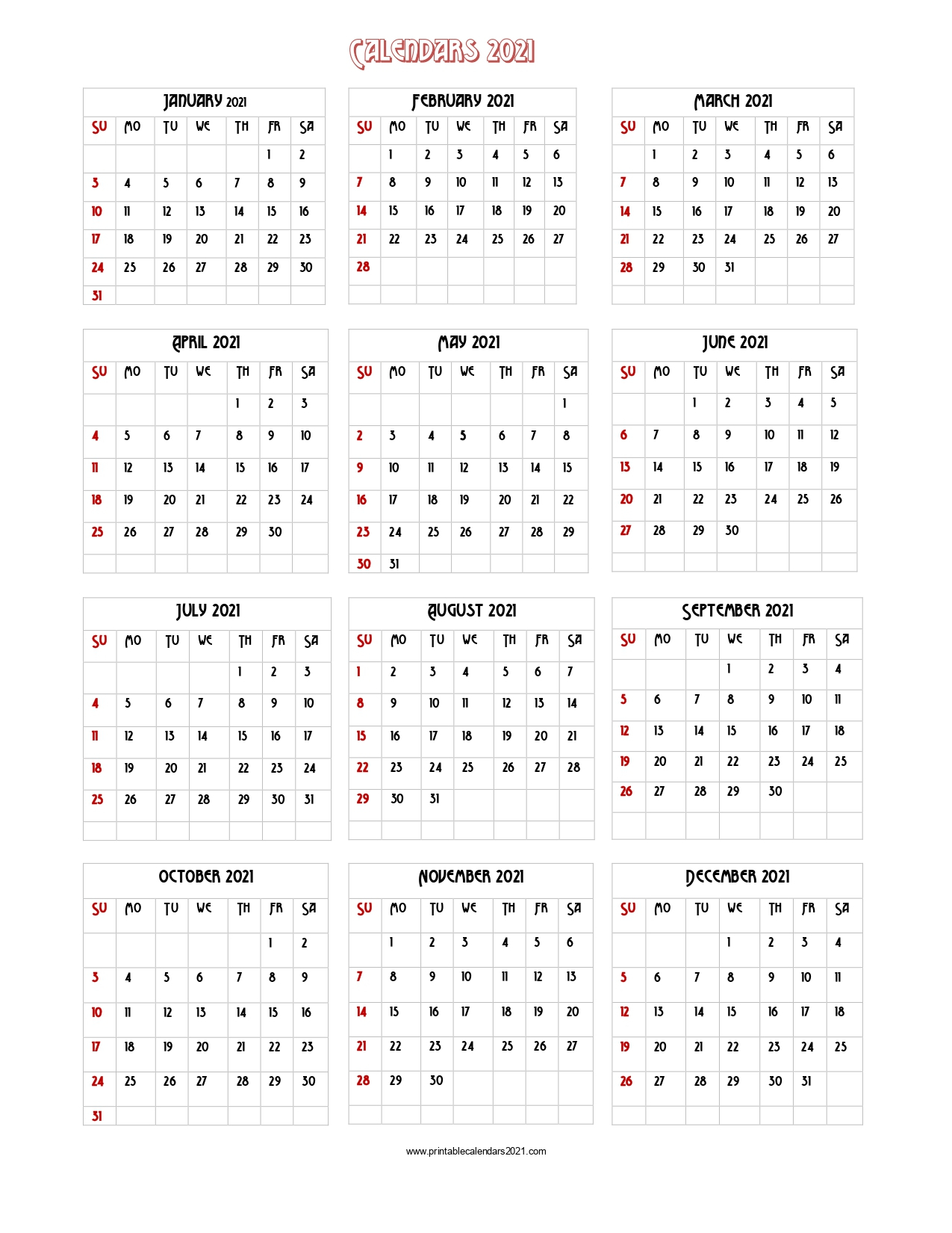 2021 Yearly Calendars On One Page | Example Calendar Printable