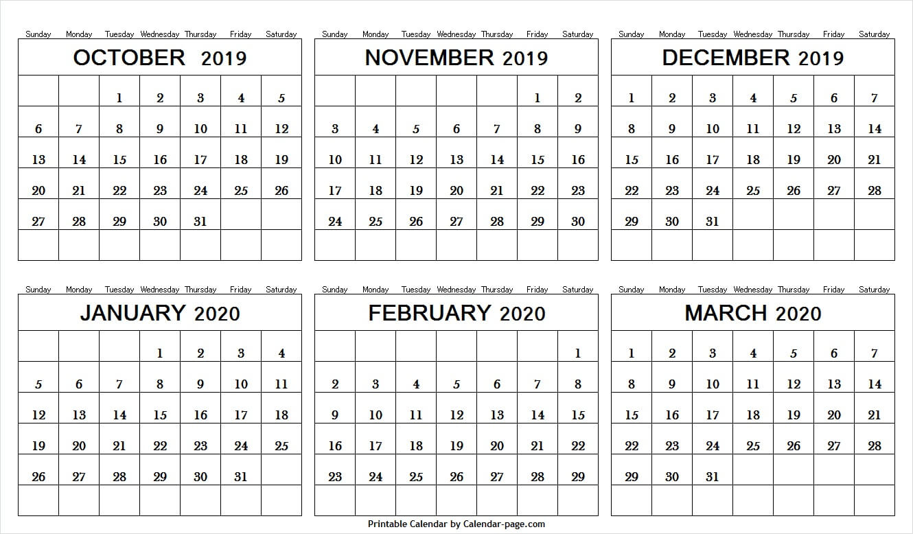 6 Month Calendar October 2019 And March 2020 | Editable Png