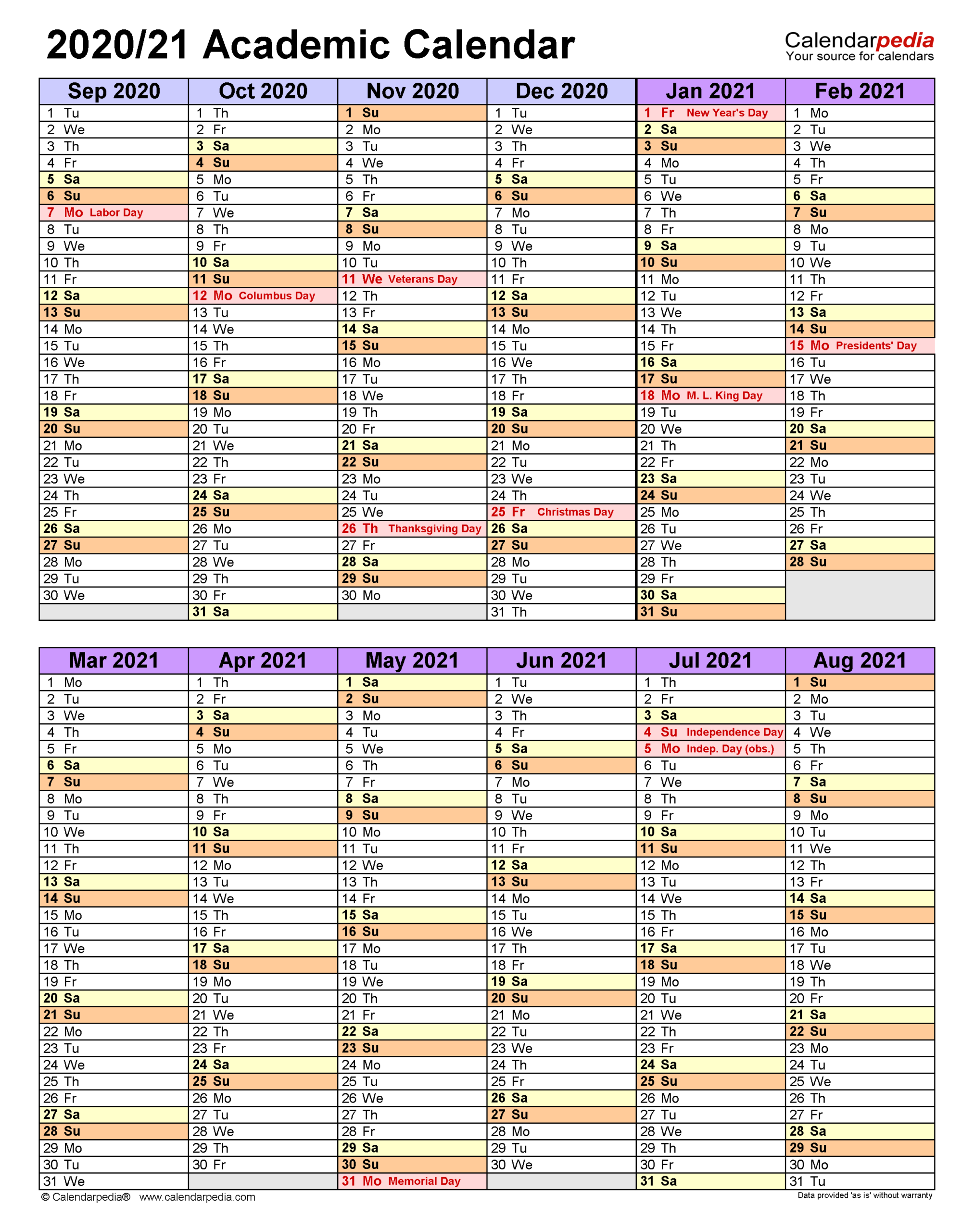 Academic Calendars 2020/2021 - Free Printable Excel Templates