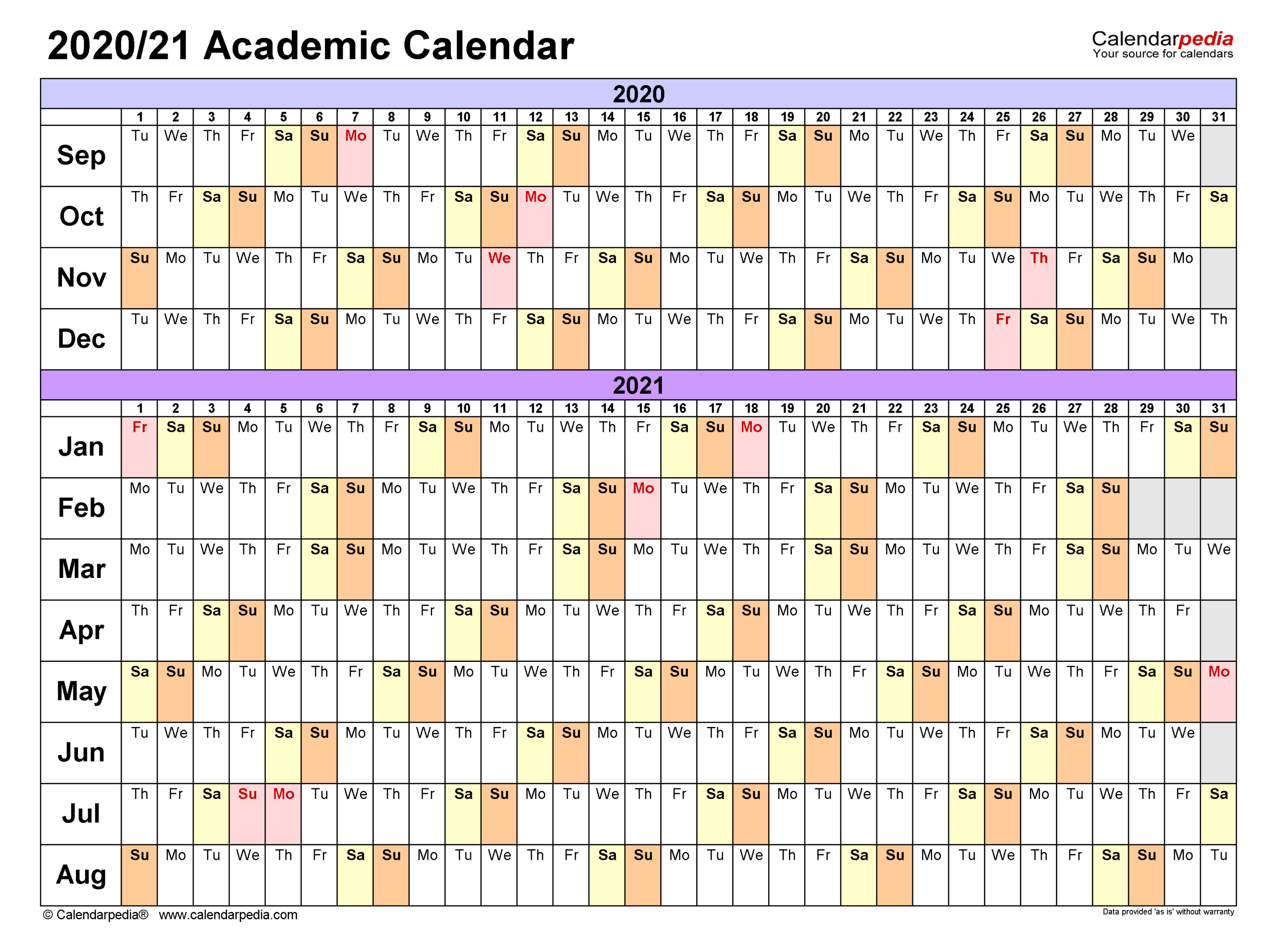 Academic Calendars 2020/2021 - Free Printable Excel Templates