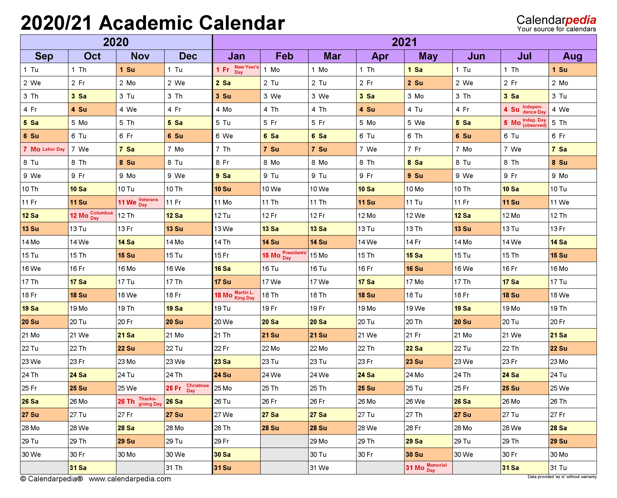 Academic Calendars 2020/2021 - Free Printable Word Templates