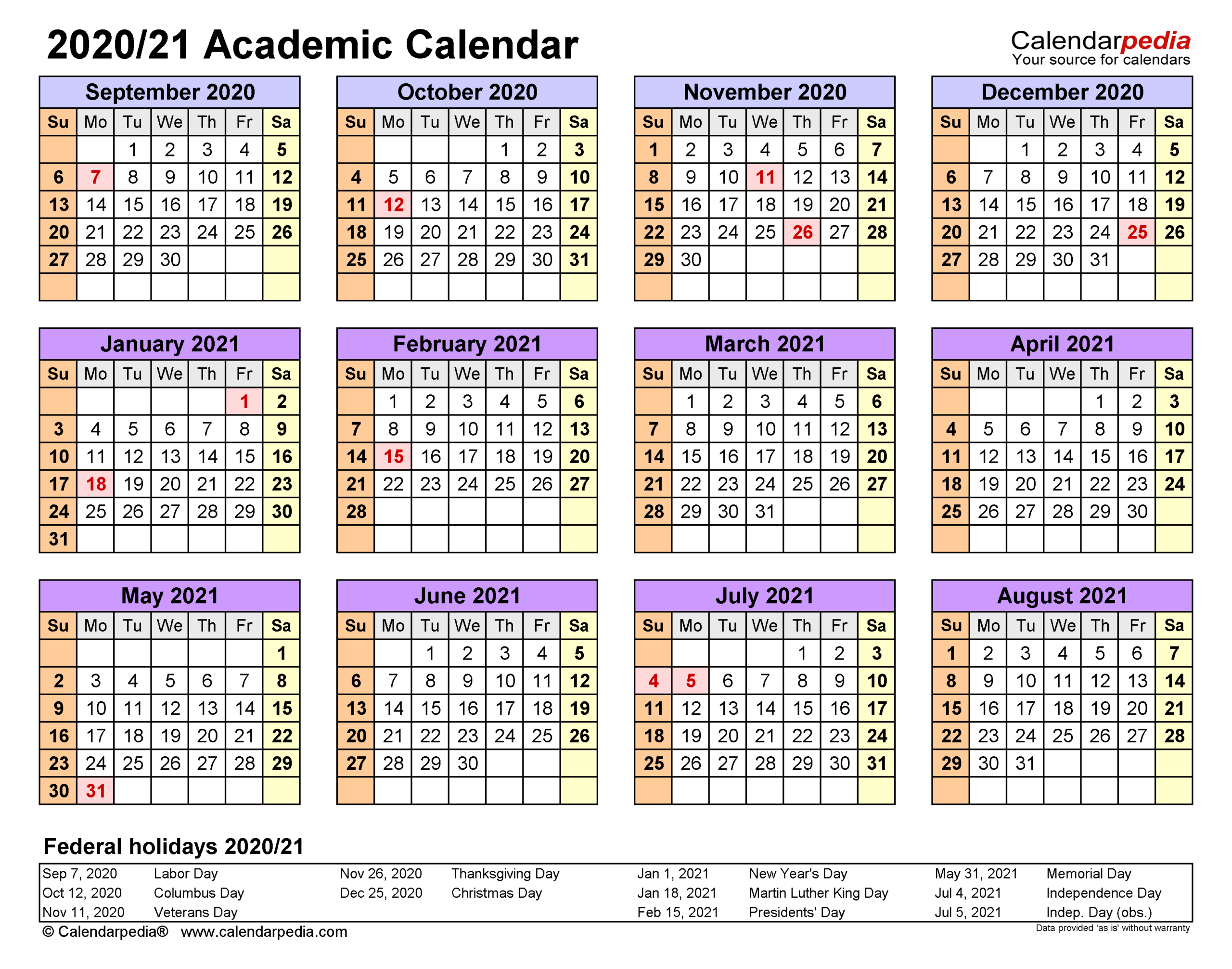 Academic Calendars 2020/2021 - Free Printable Word Templates