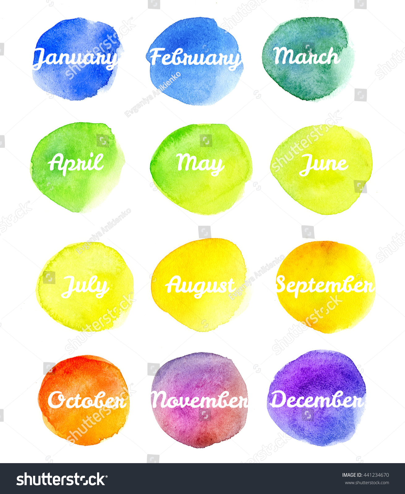 All Months Year Calendar Watercolor Spots Stock Illustration