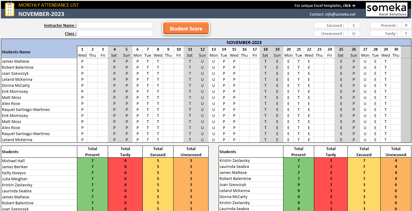 Attendance Sheet Template In Excel - Free Download