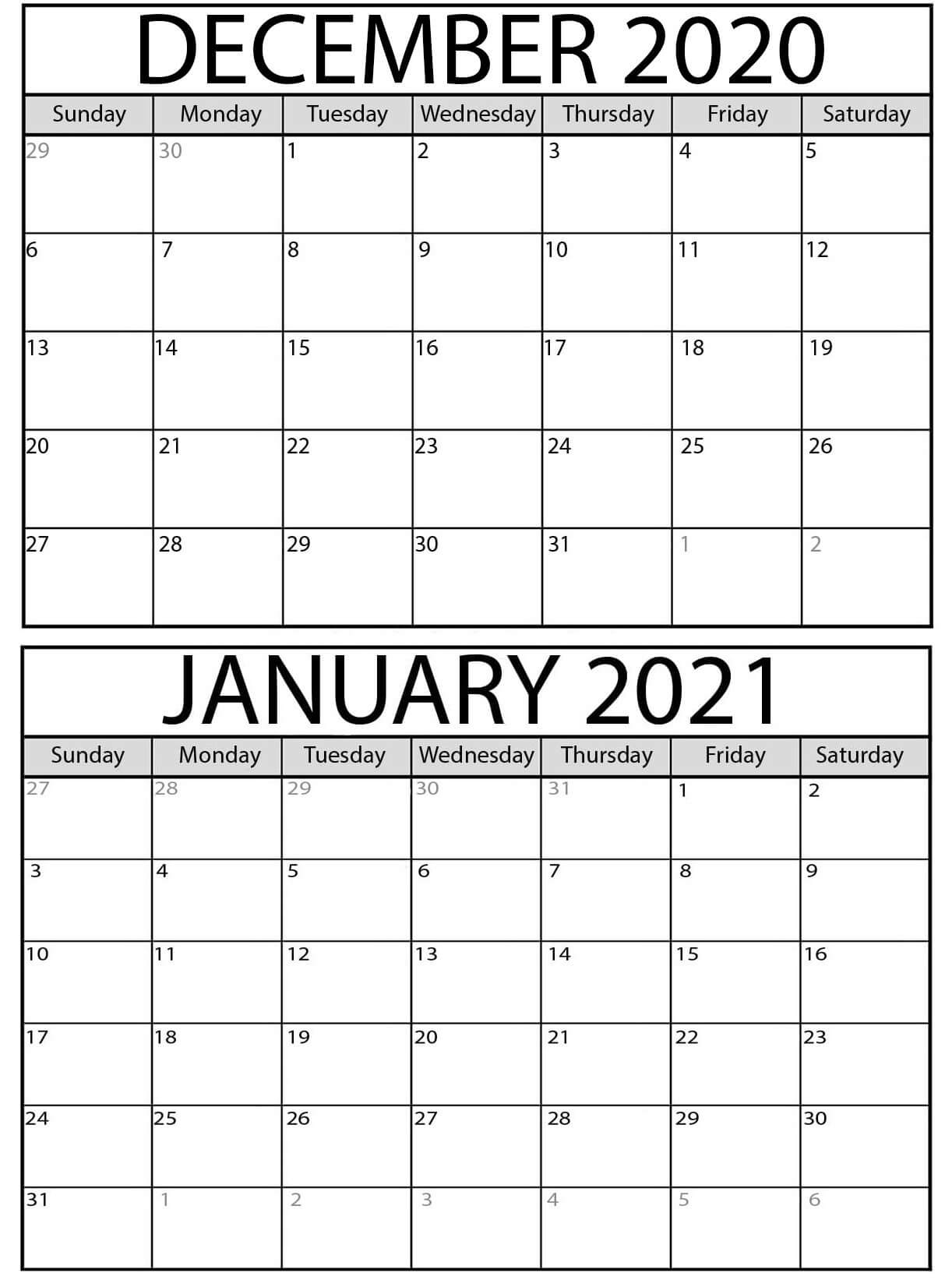 Blank 2020 December 2021 January Calendar With Holidays