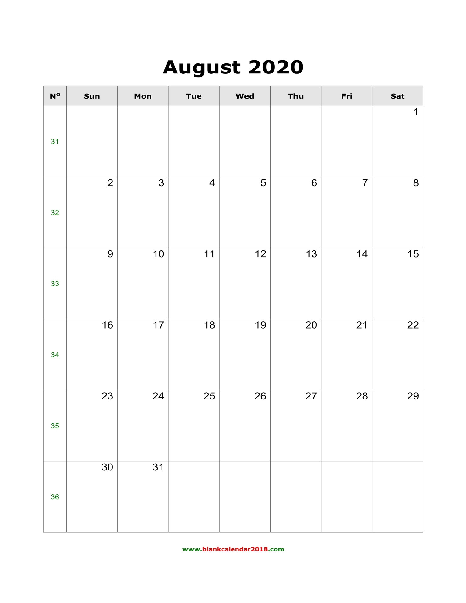 Blank Calendar For August 2020