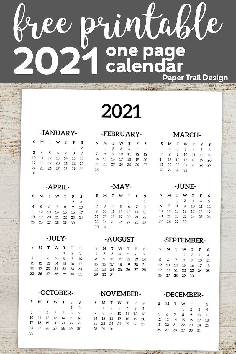 Calendar 2021 Printable One Page | Paper Trail Design