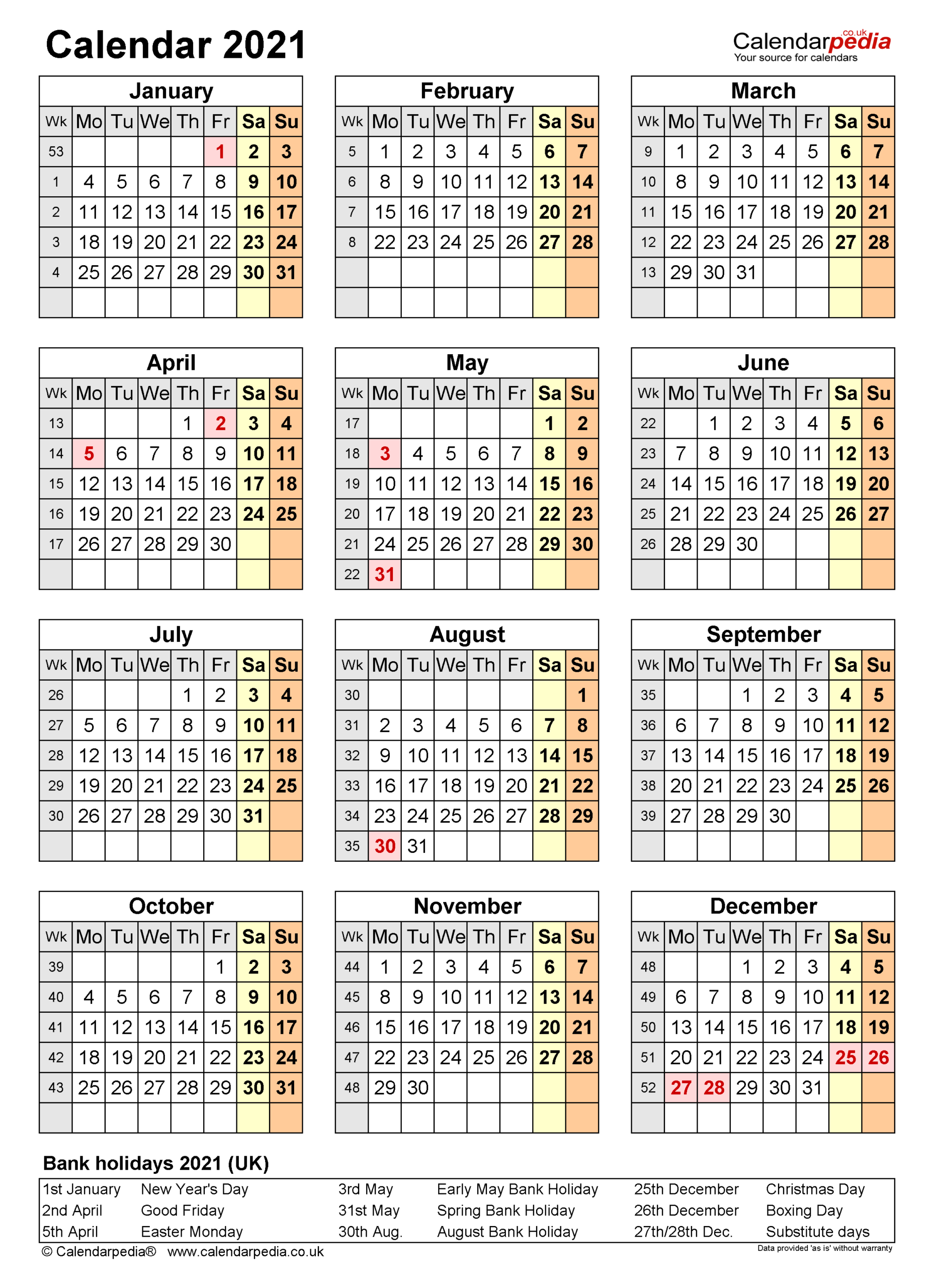 Calendar 2021 (Uk) - Free Printable Microsoft Word Templates