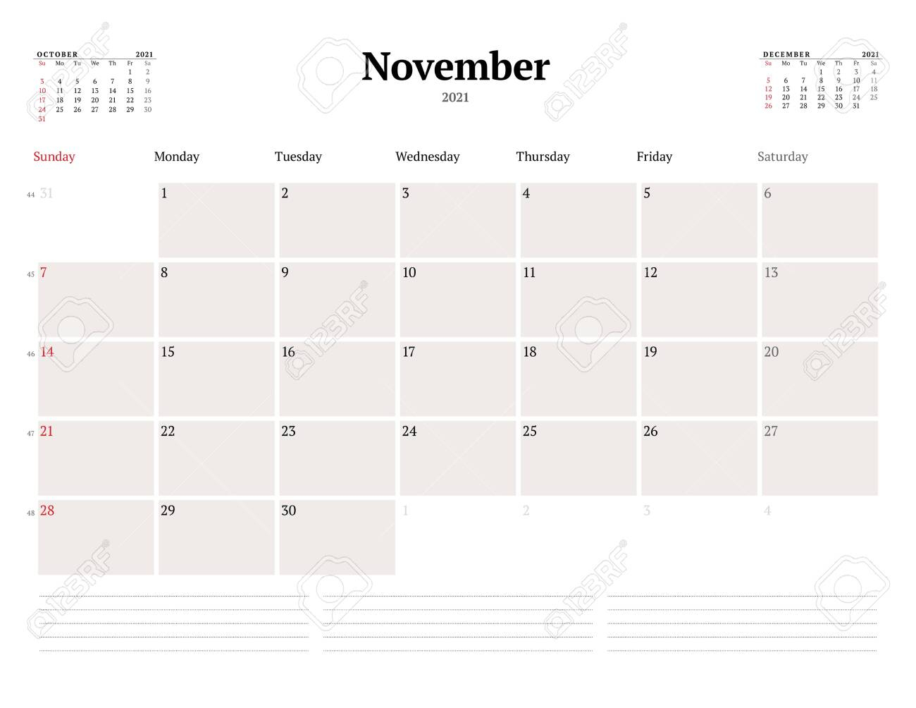 Calendar Template For November 2021. Business Monthly Planner. Stationery  Design. Week Starts On Sunday. Vector Illustration