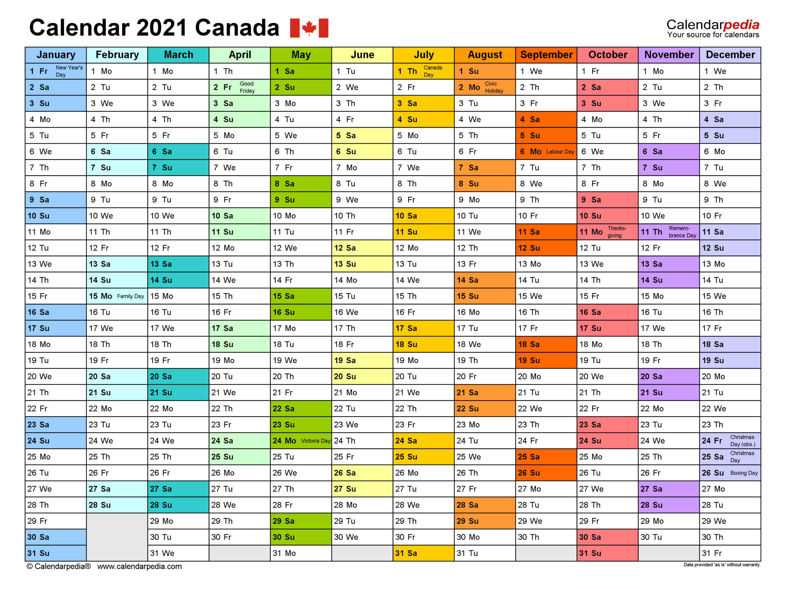 Canada Calendar 2021 - Free Printable Word Templates