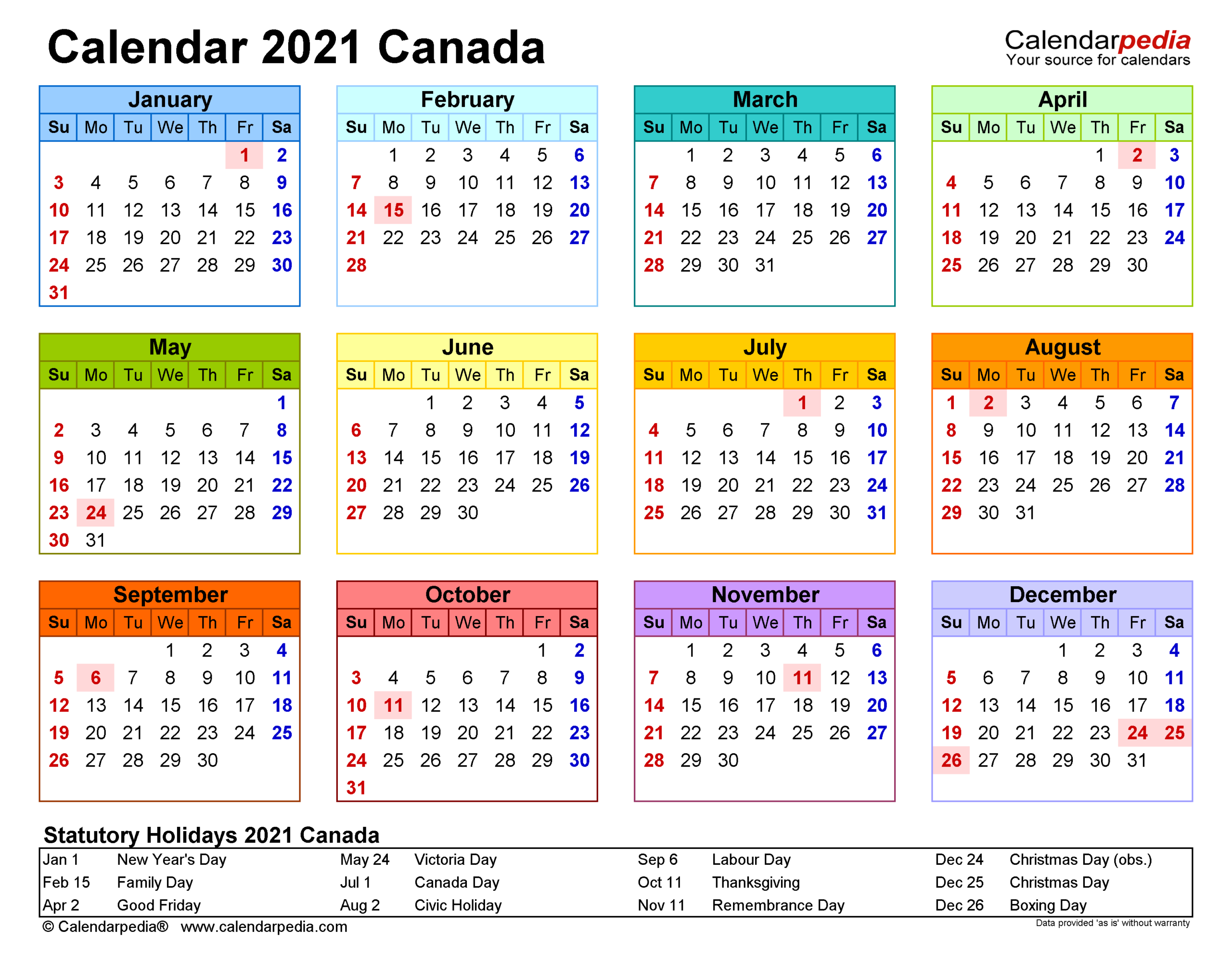 Canada Calendar 2021 - Free Printable Word Templates