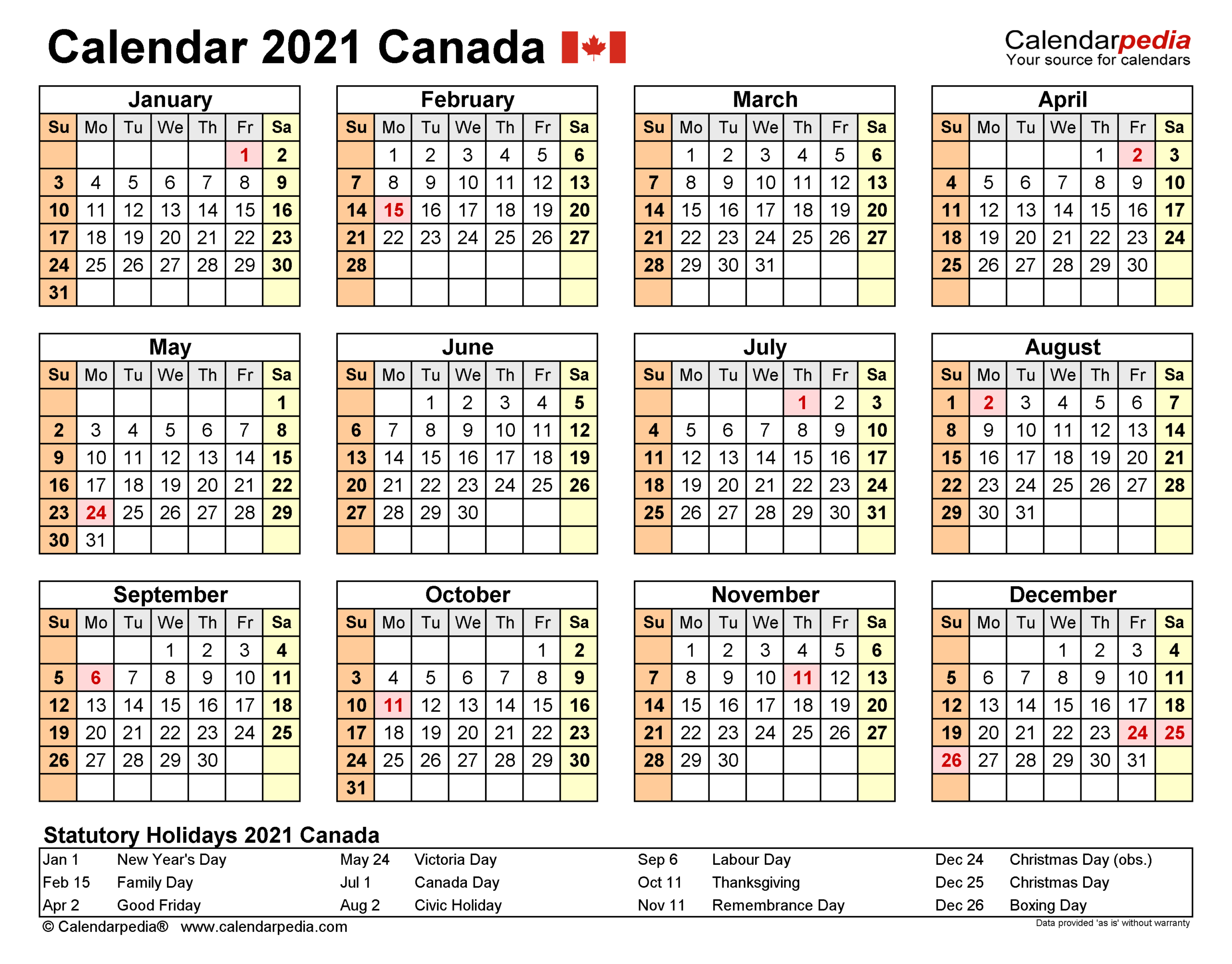 Canada Calendar 2021 - Free Printable Word Templates