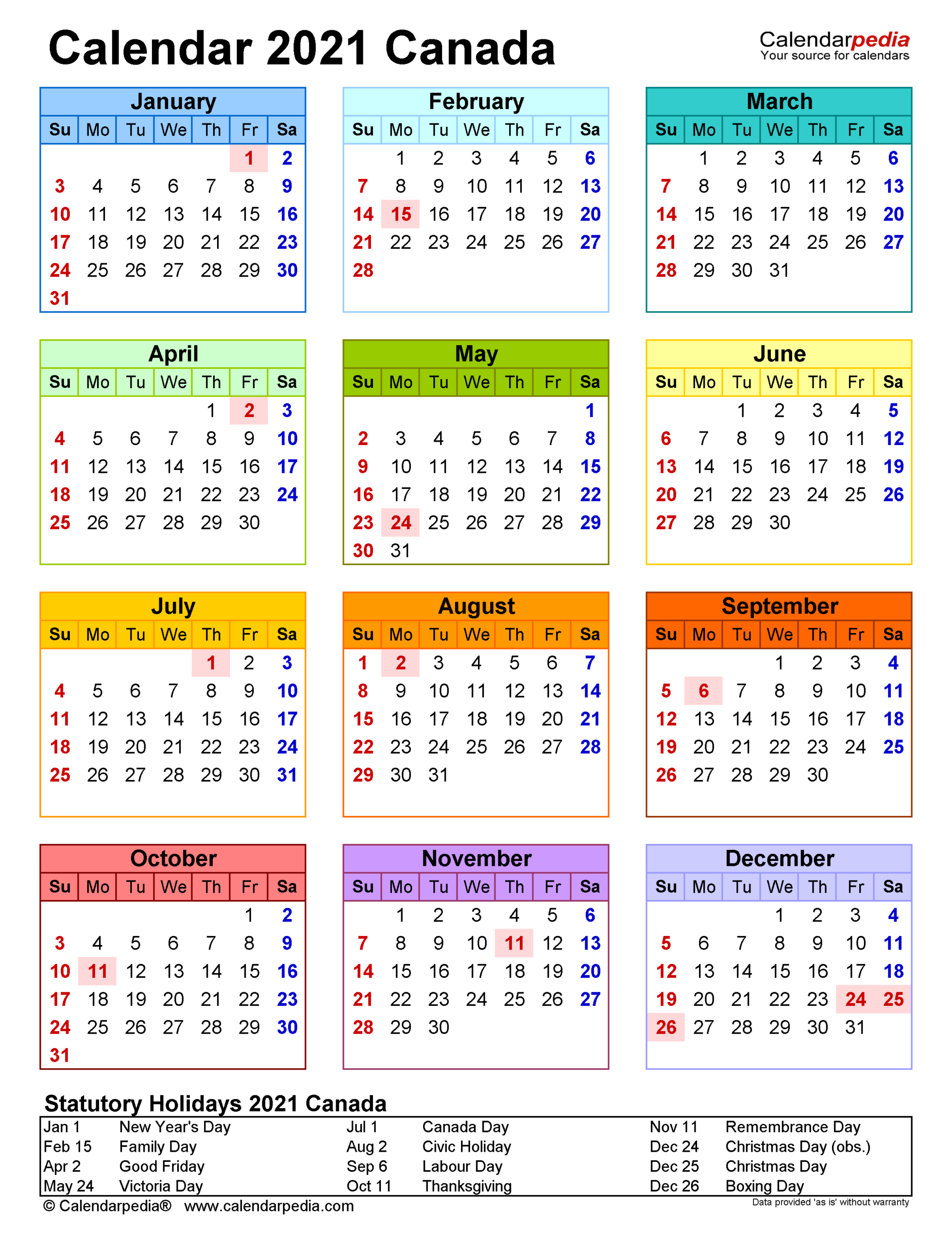 Canada Calendar 2021 - Free Printable Word Templates