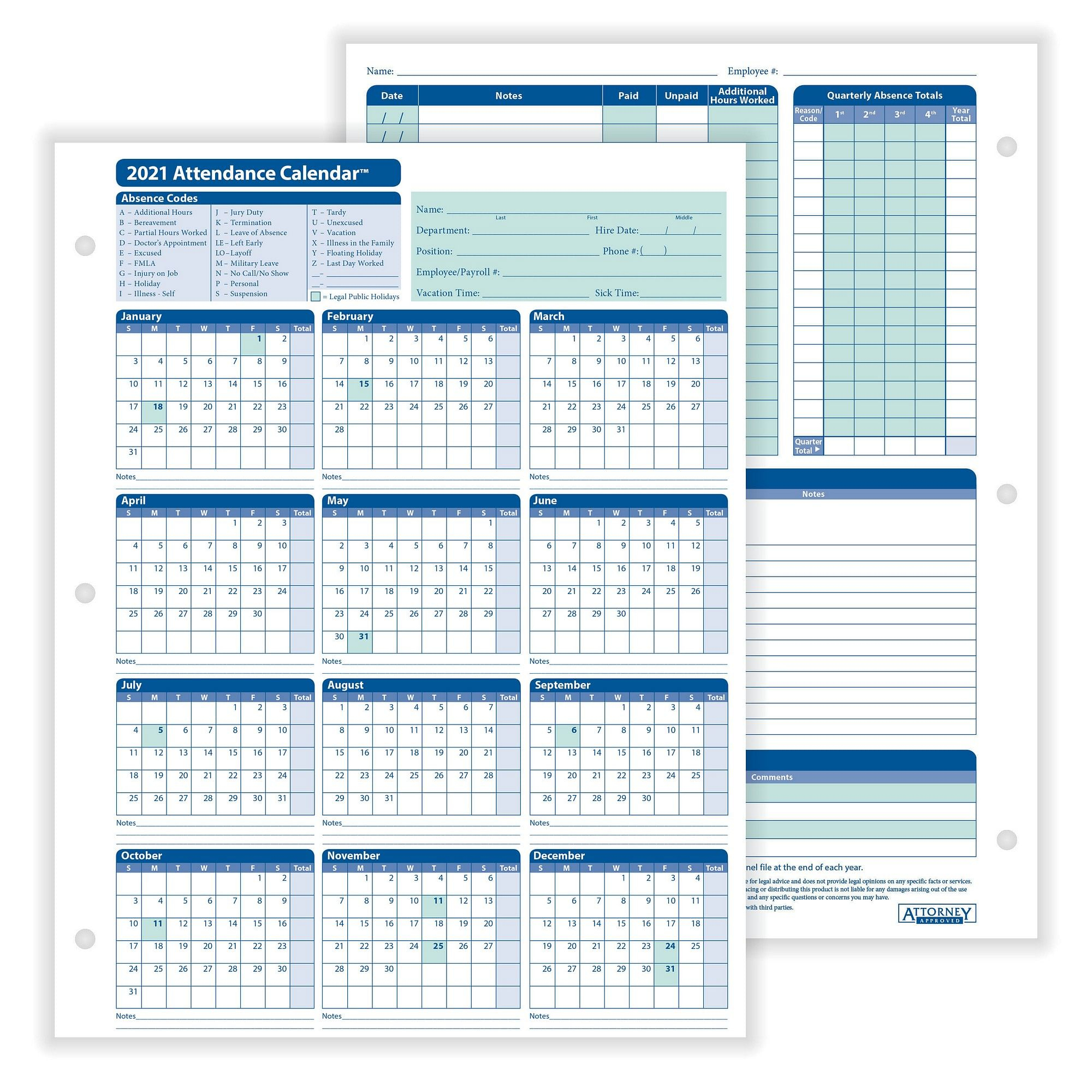 Complyright 2021 Attendance Calendar, White, 8-1/2&quot; X 11