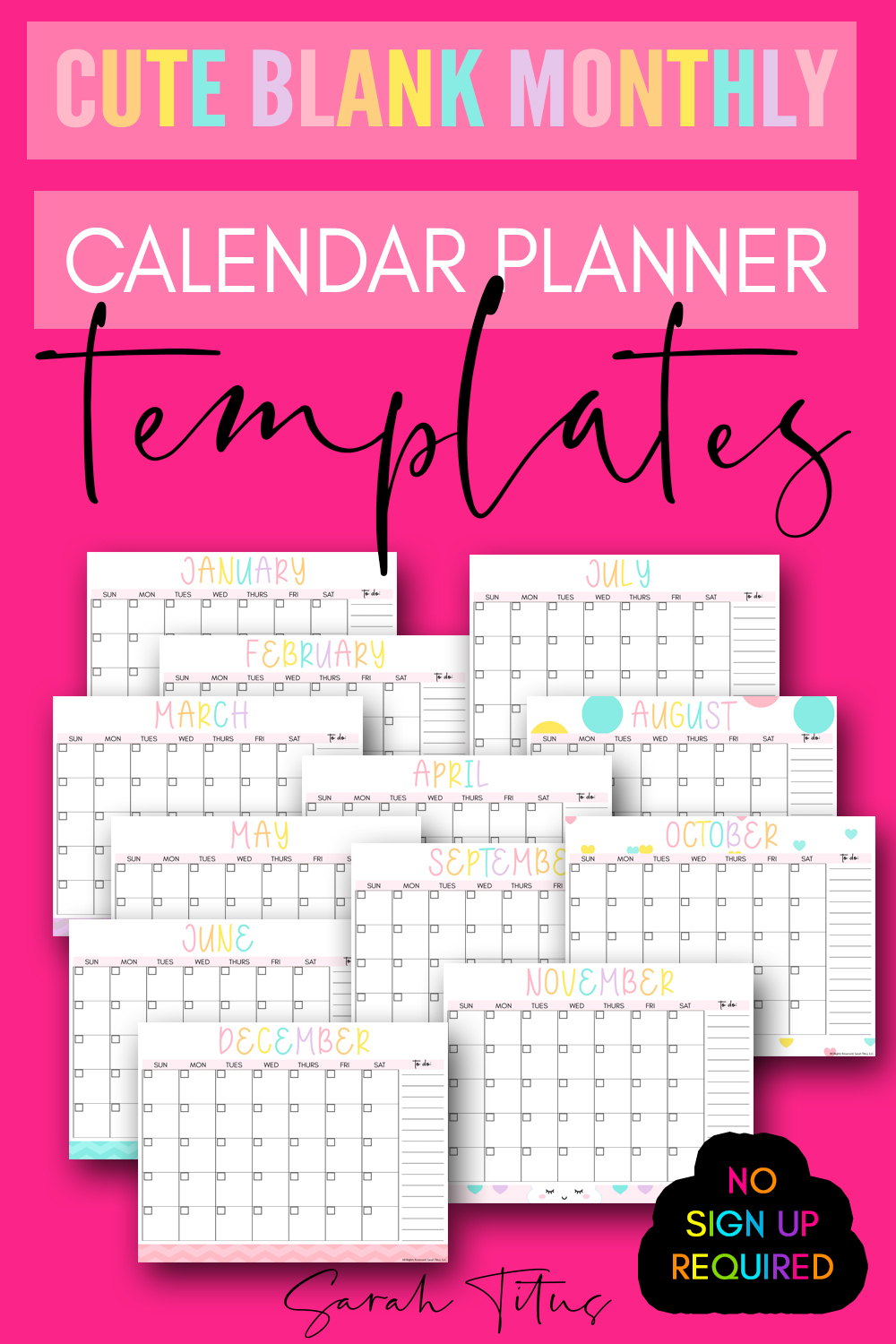 Cute Blank Monthly Calendar Planner Templates - Sarah Titus