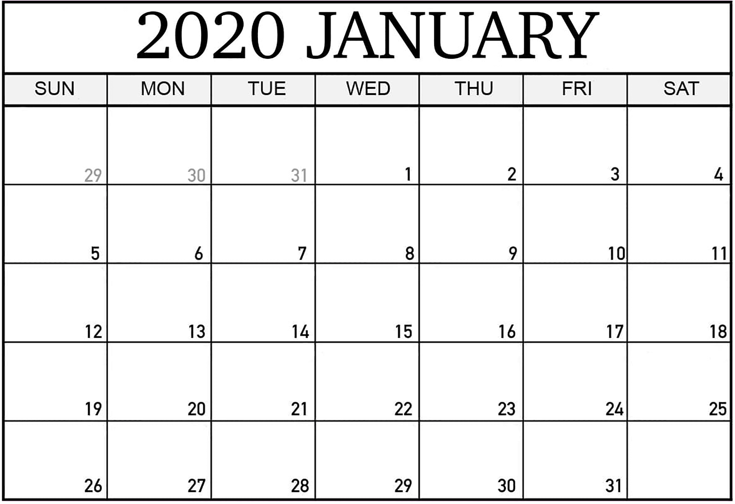 Cute January 2020 Calendar Template Word Monthly