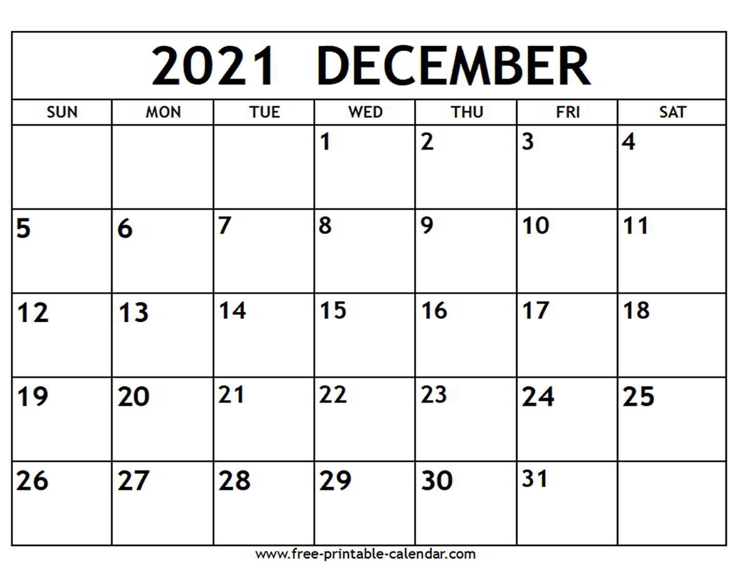 December 2021 Calendar - Free-Printable-Calendar