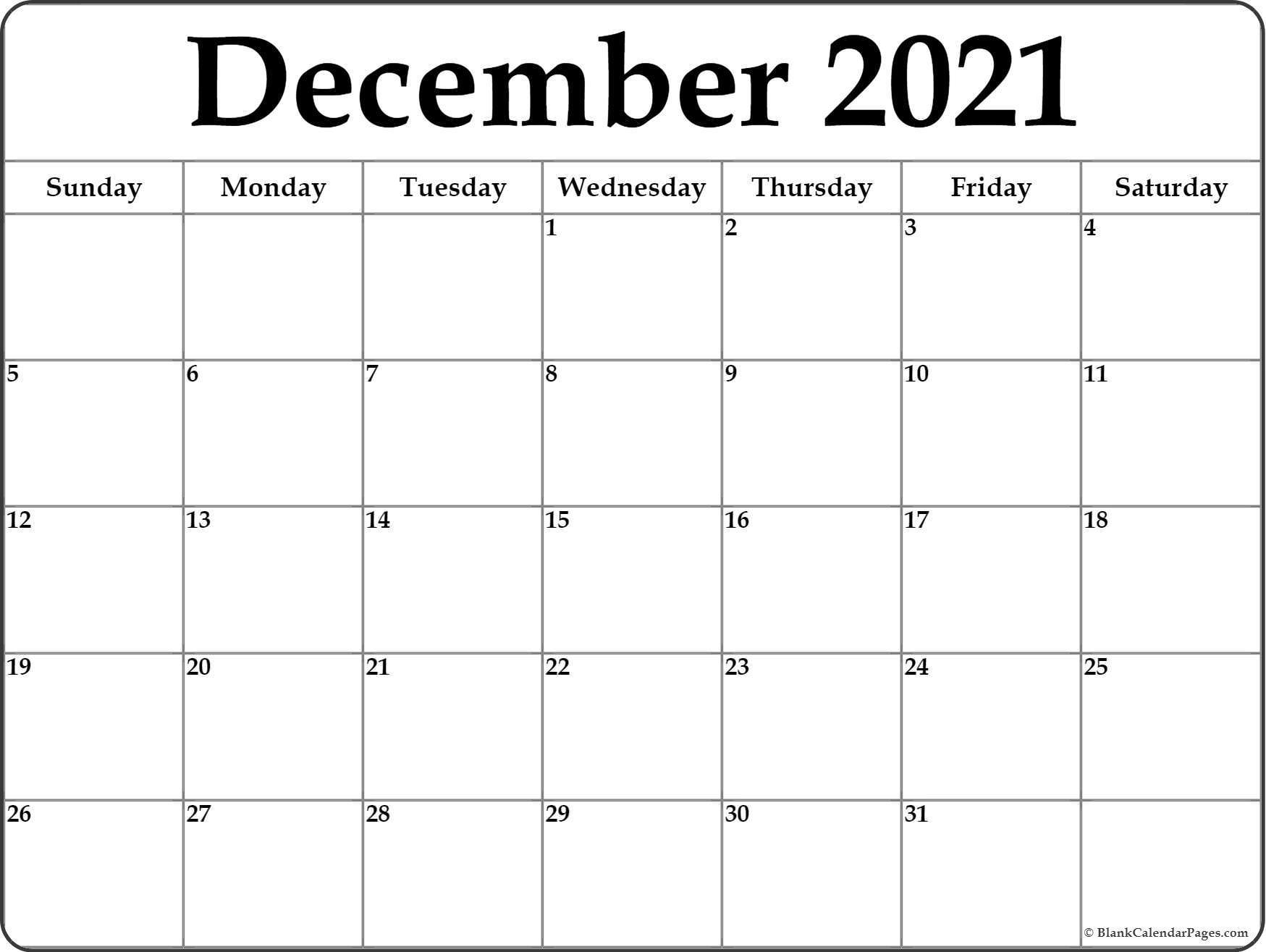 December 2021 Calendar | Free Printable Monthly Calendars