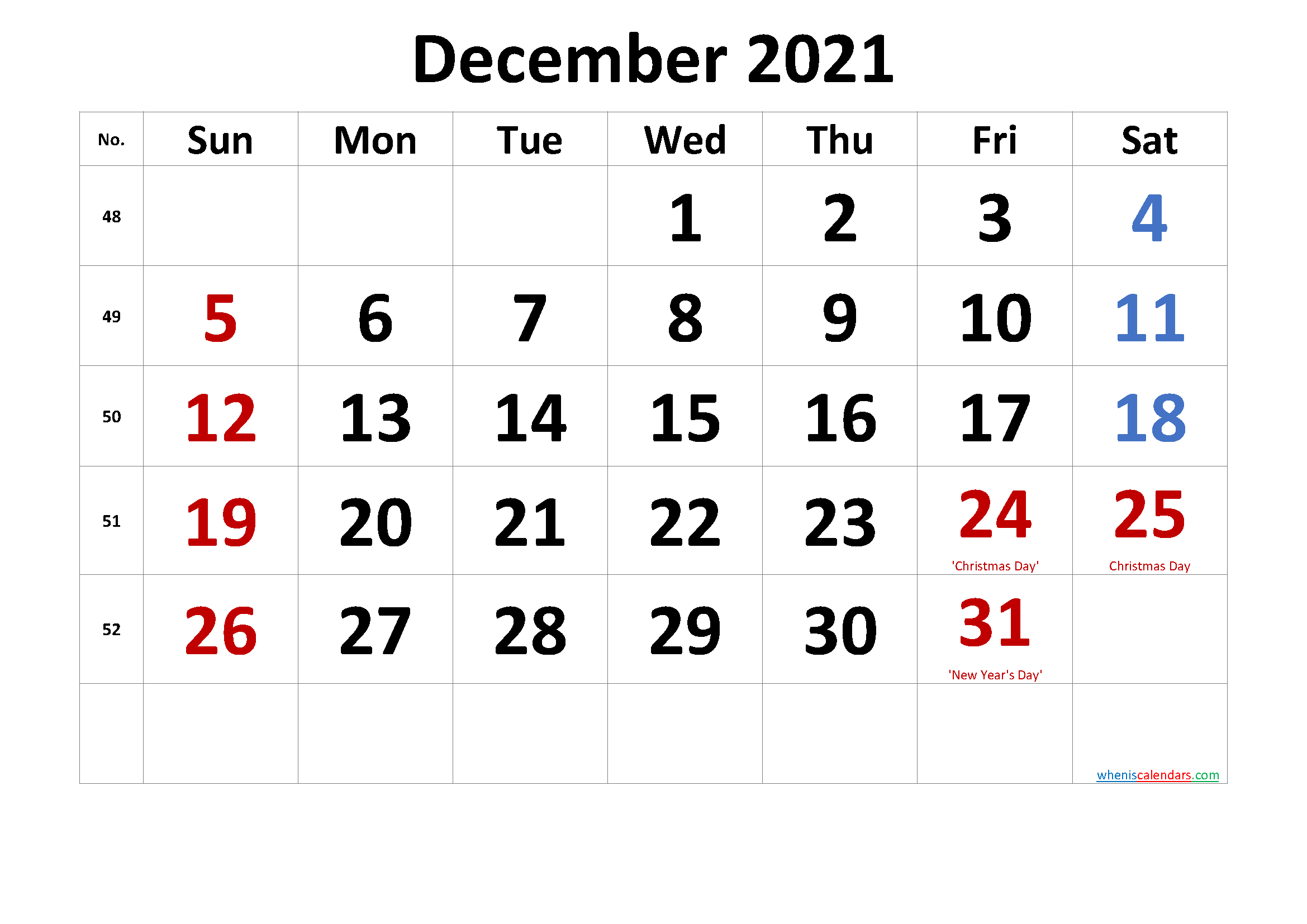 December 2021 Calendar Free Printable-Template No.cr21Fm48