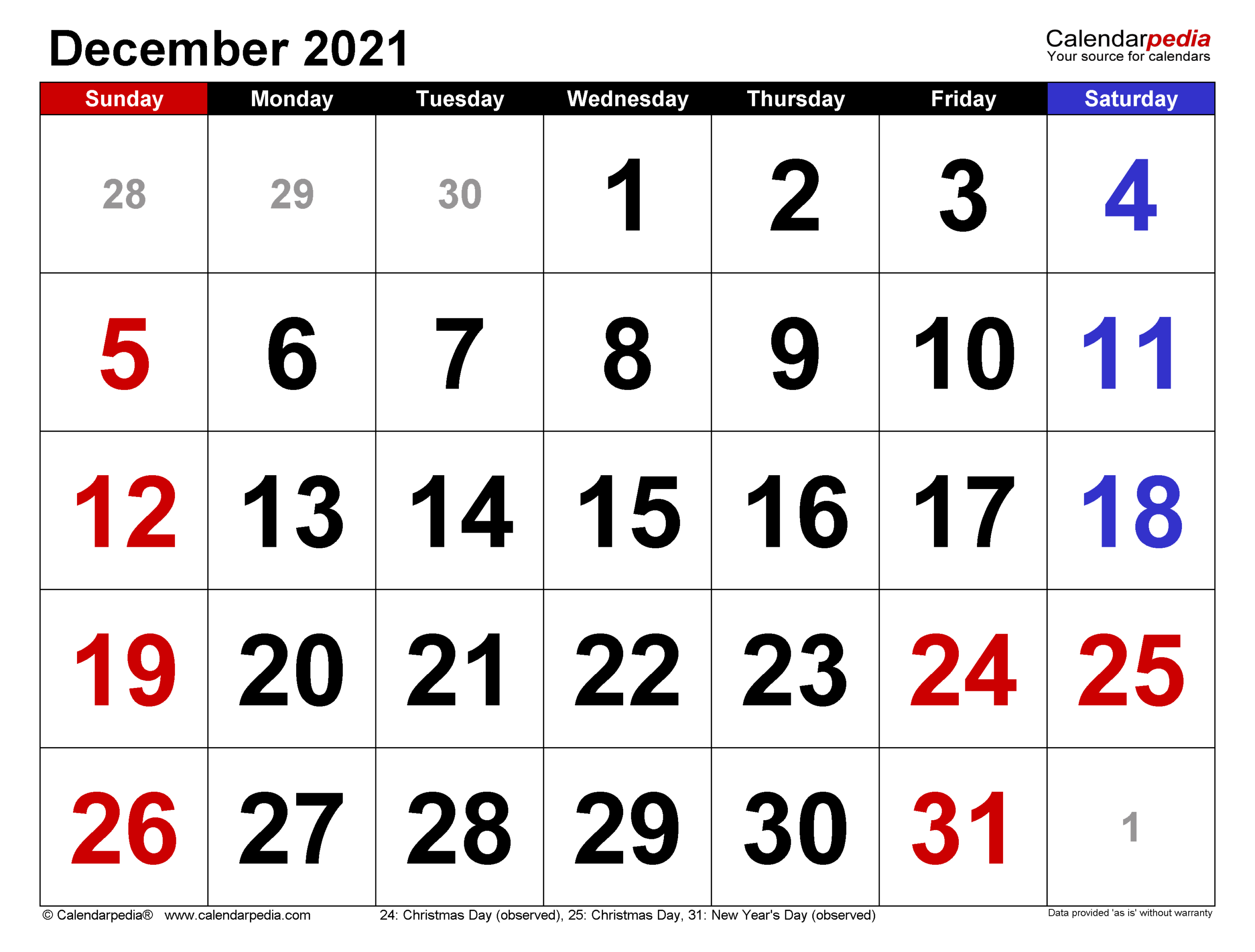 December 2021 Calendar | Templates For Word, Excel And Pdf