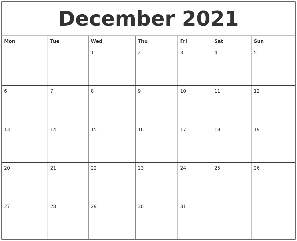 December 2021 Large Printable Calendar