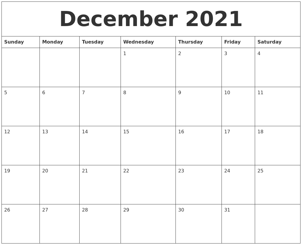December 2021 Large Printable Calendar