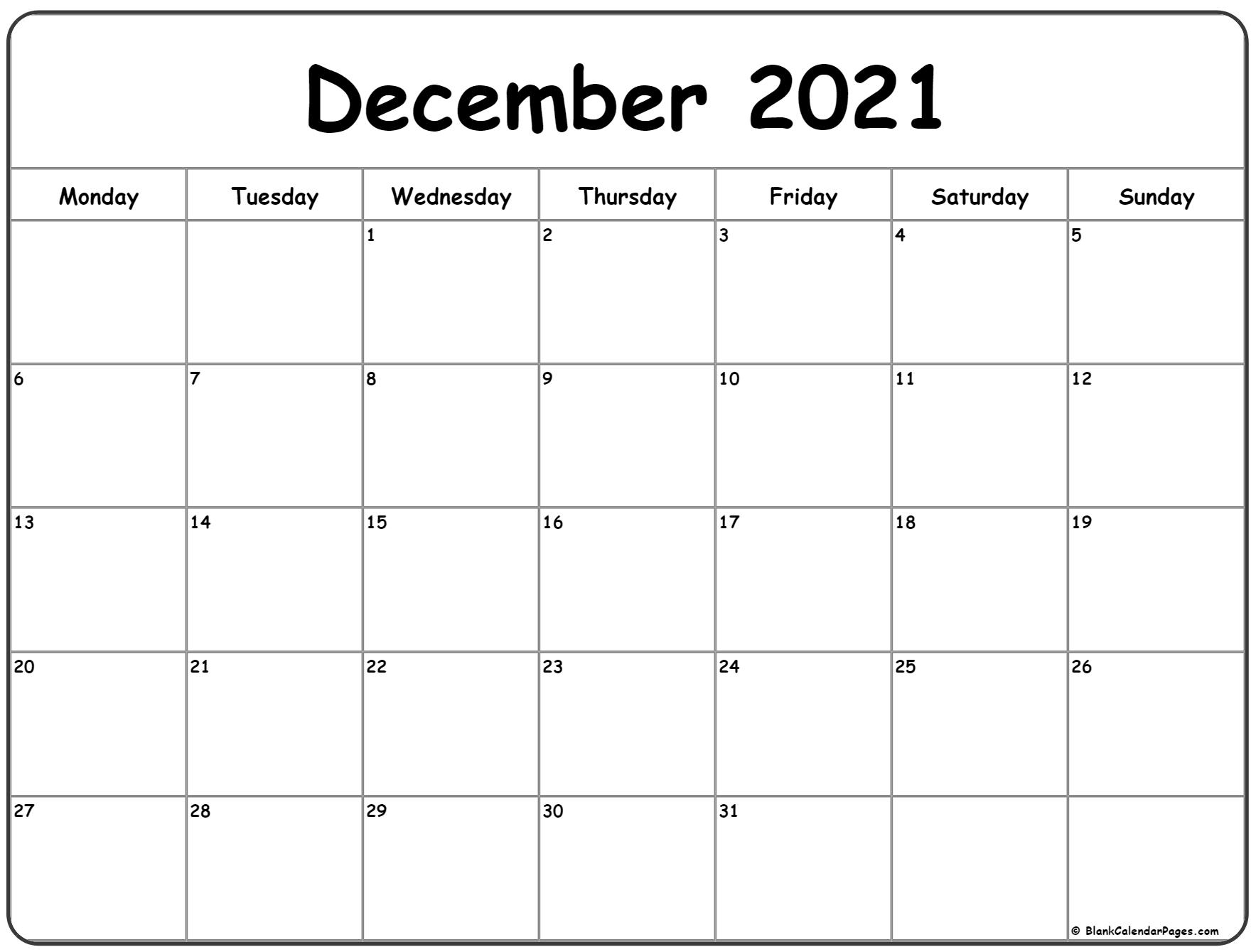 December 2021 Monday Calendar | Monday To Sunday