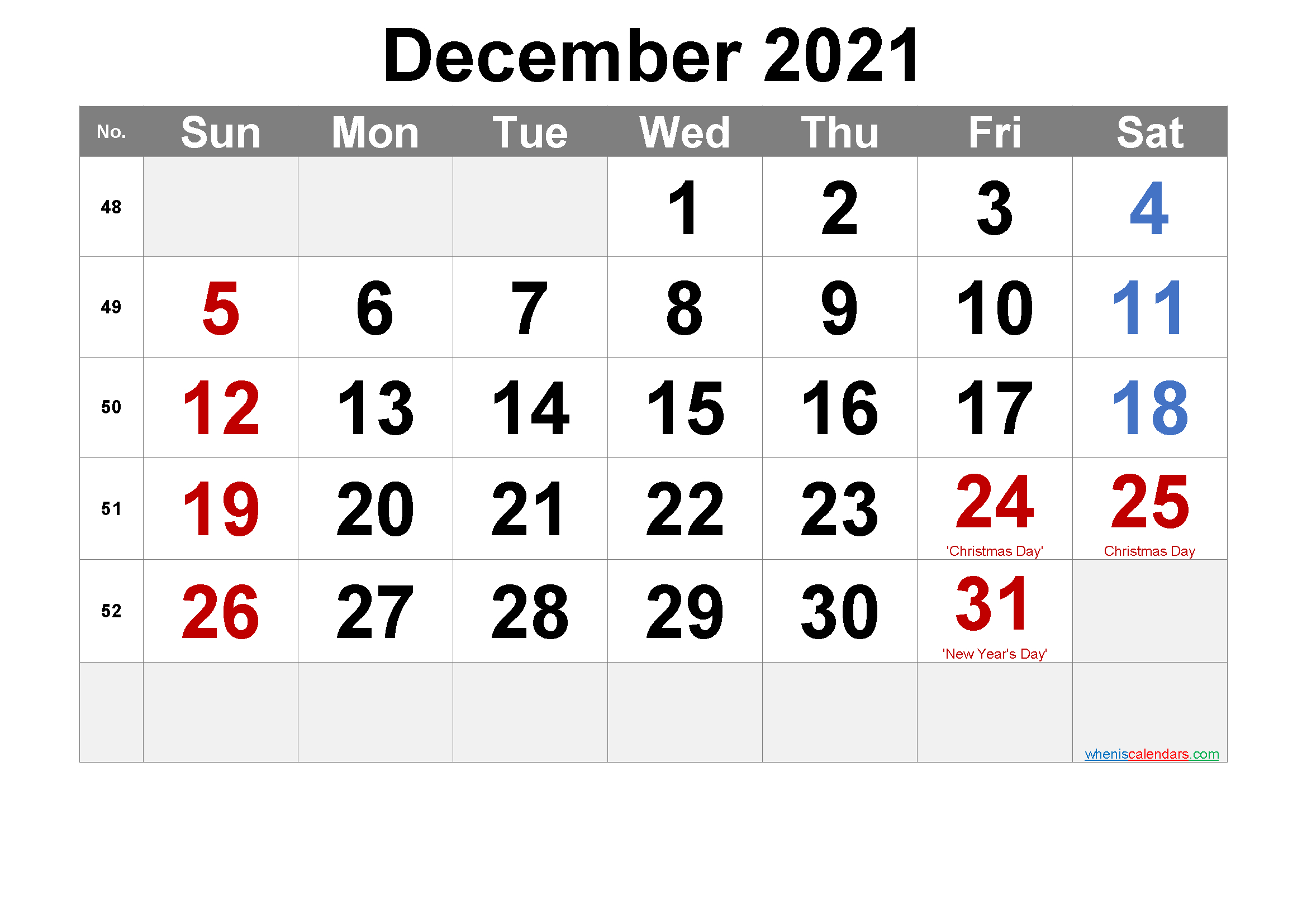 December 2021 Printable Calendar With Holidays - 6 Templates