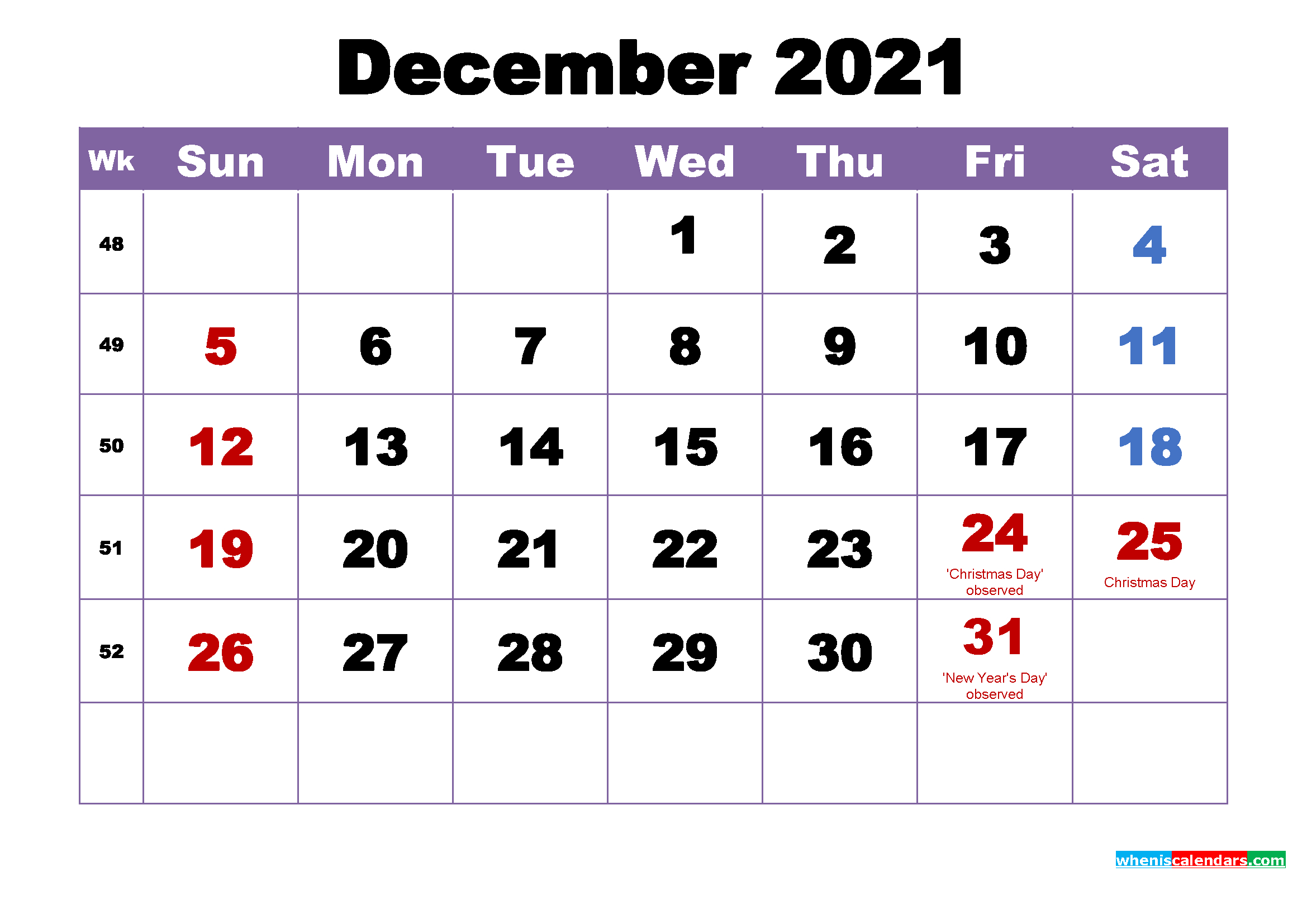December 2021 Printable Calendar With Holidays Word, Pdf