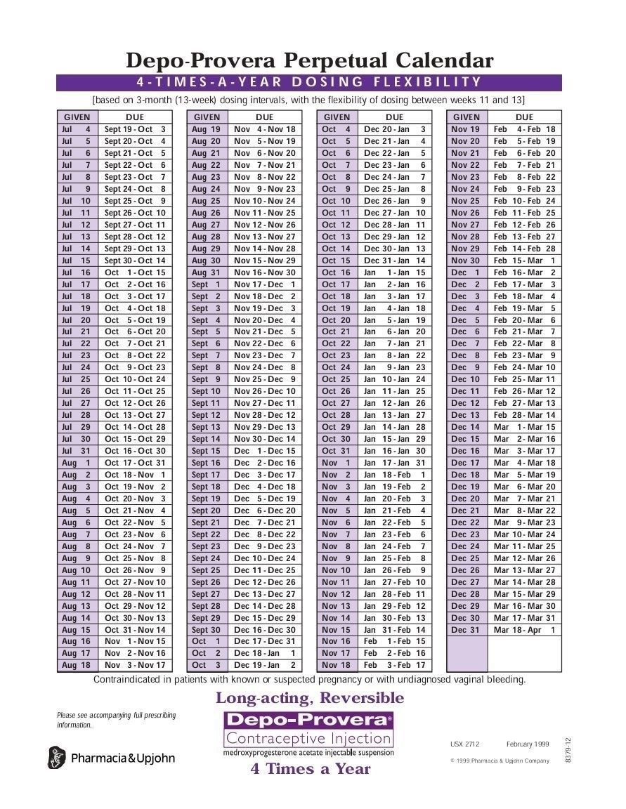 Printable Depo-Provera Perpetual Calendar 2021