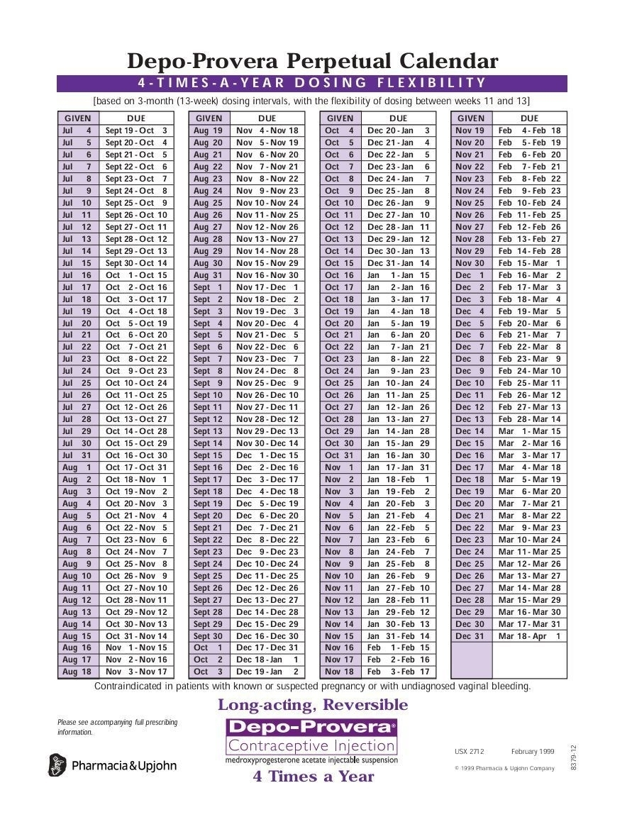 Depo Provera Injection Calendar 2021