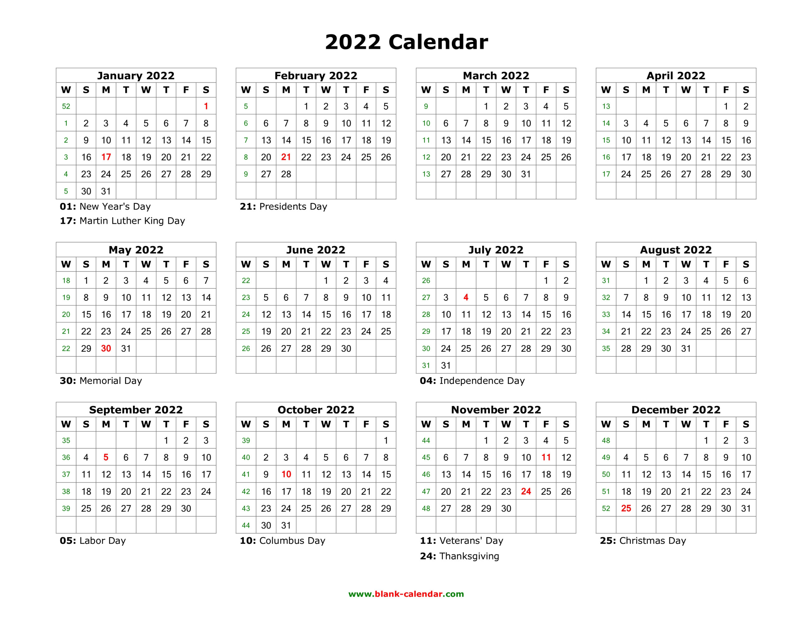 Download Blank Calendar 2022 With Us Holidays (12 Months On