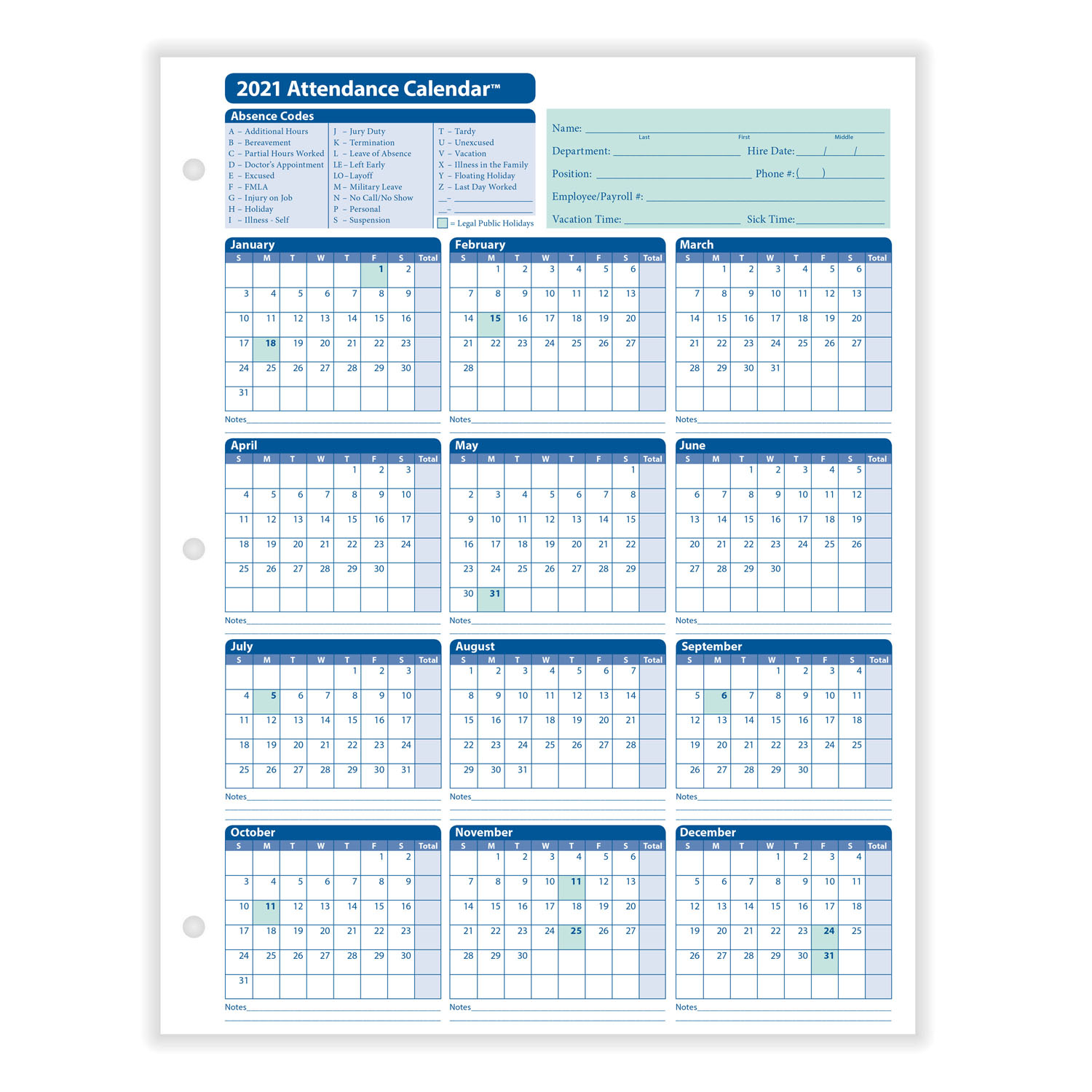 Free Printable Employee Attendance Calendars 2021