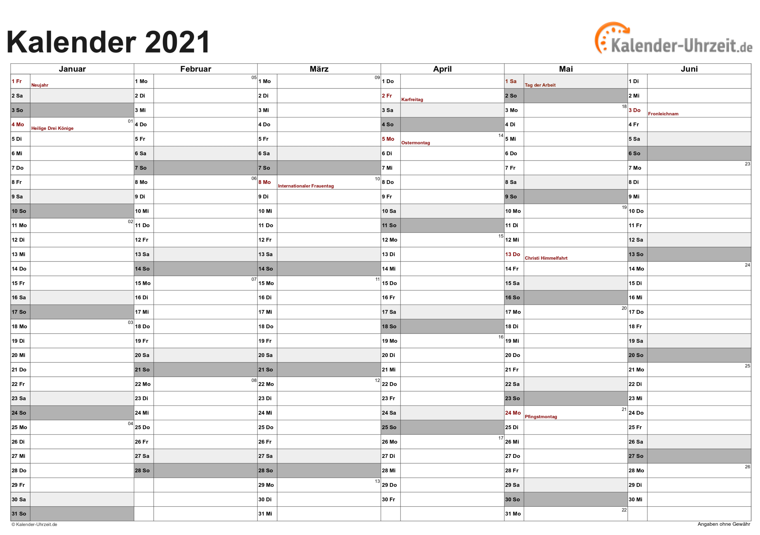 Excel-Kalender 2021 - Kostenlos