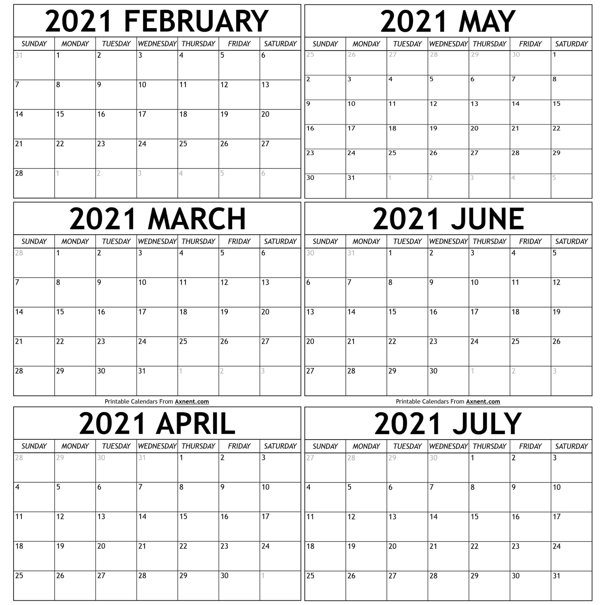 February To July 2021 Calendar Templates - Time Management