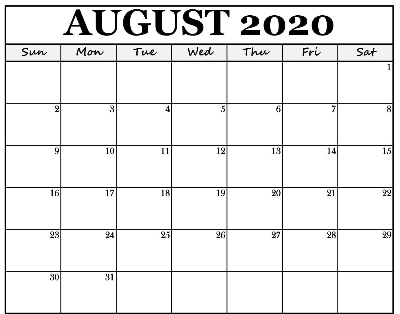 Fillable August 2020 Calendar | Fillable Calendar, Free