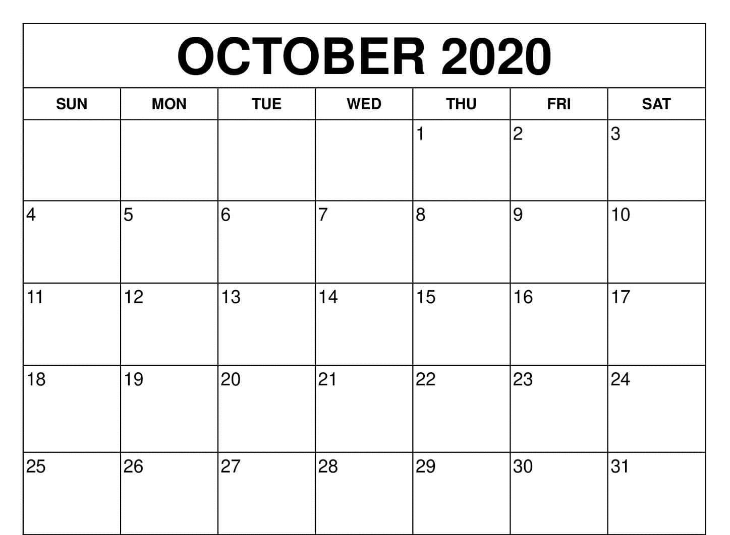 Fillable Calendar For October 2020 Printable Editable