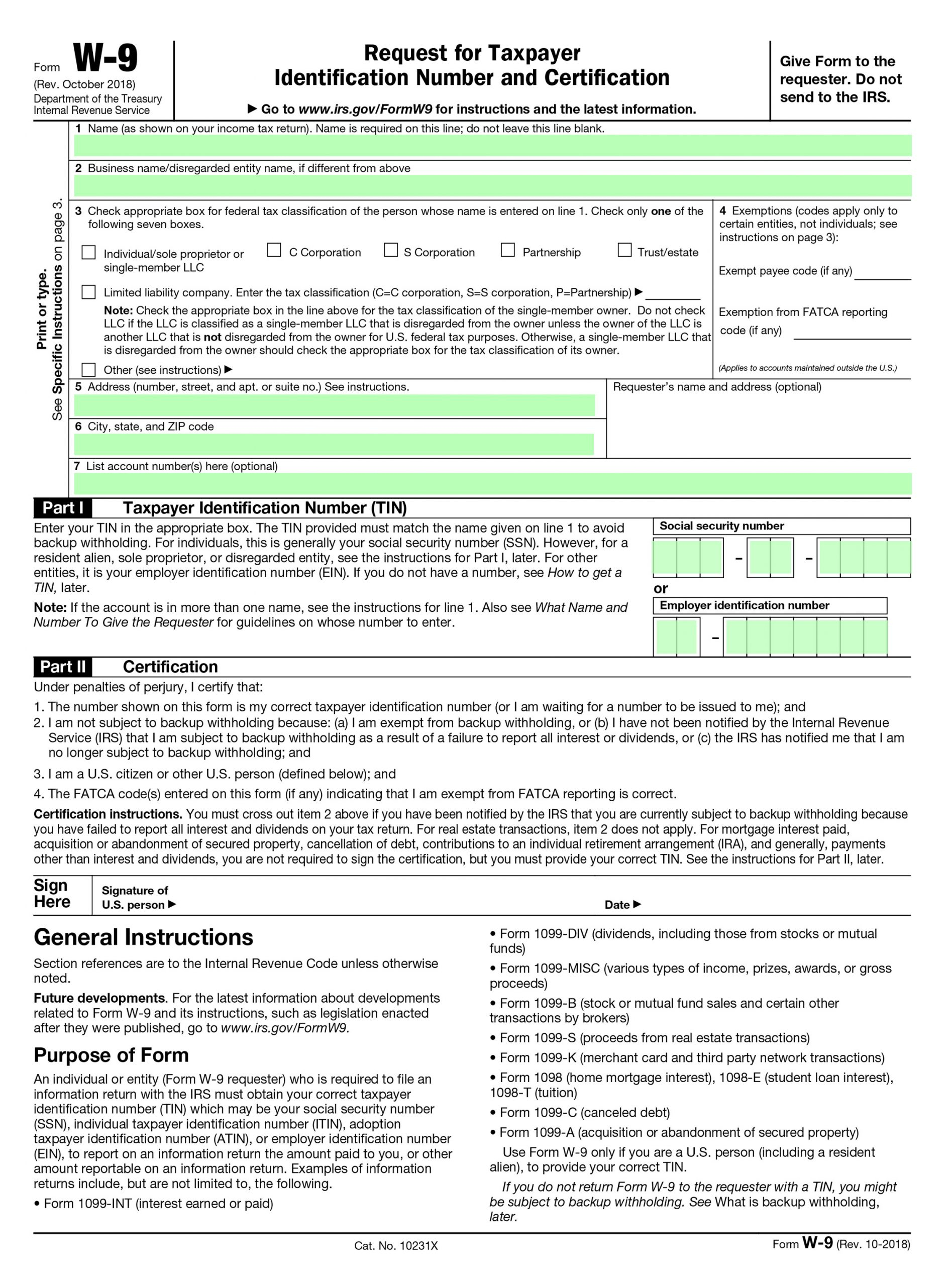 Filling Irs Form W-9 - Editable, Printable Blank | Fill Out