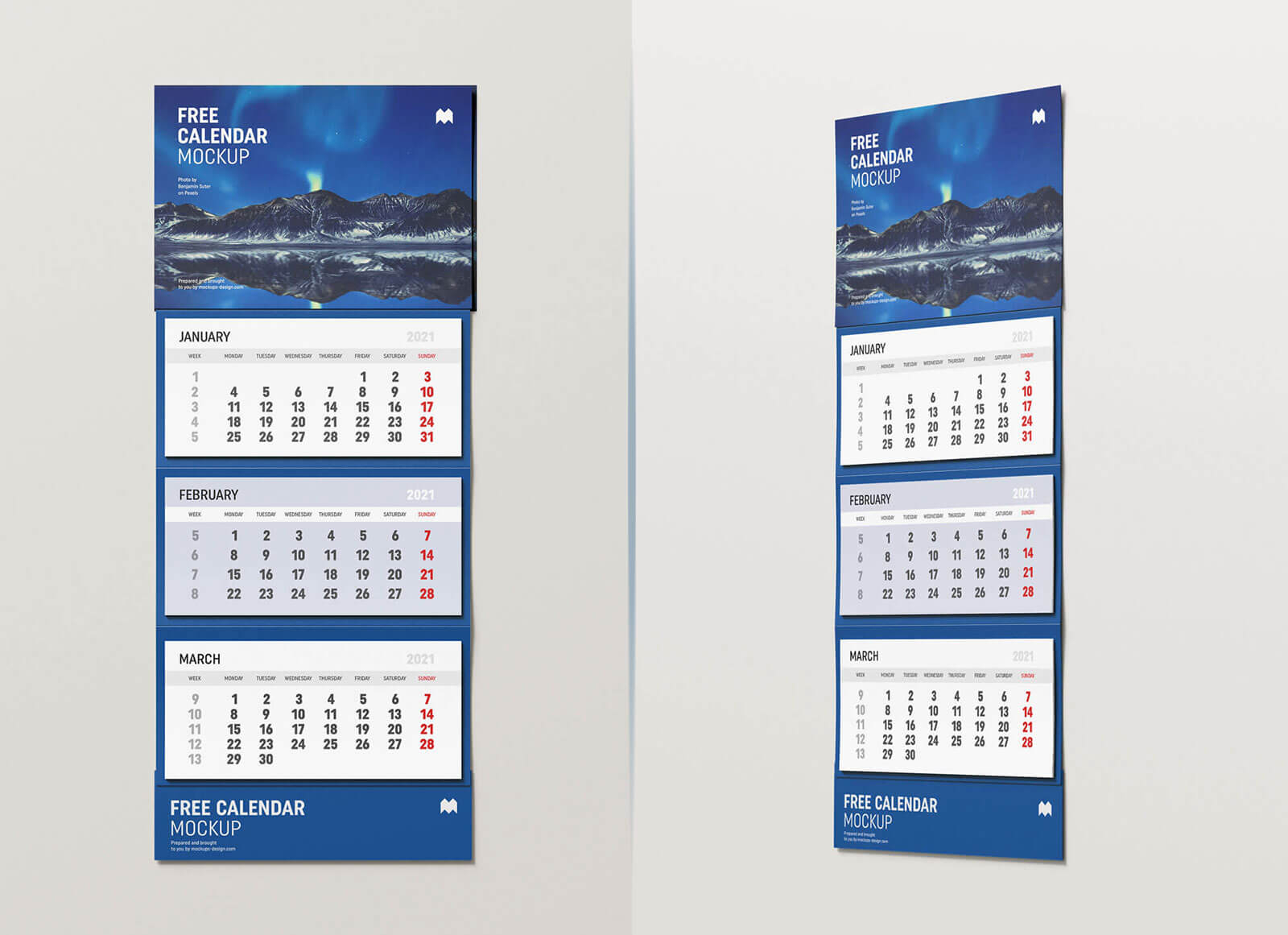 Free 3 Months Vertical Wall Calendar 2021 Mockup Psd Set