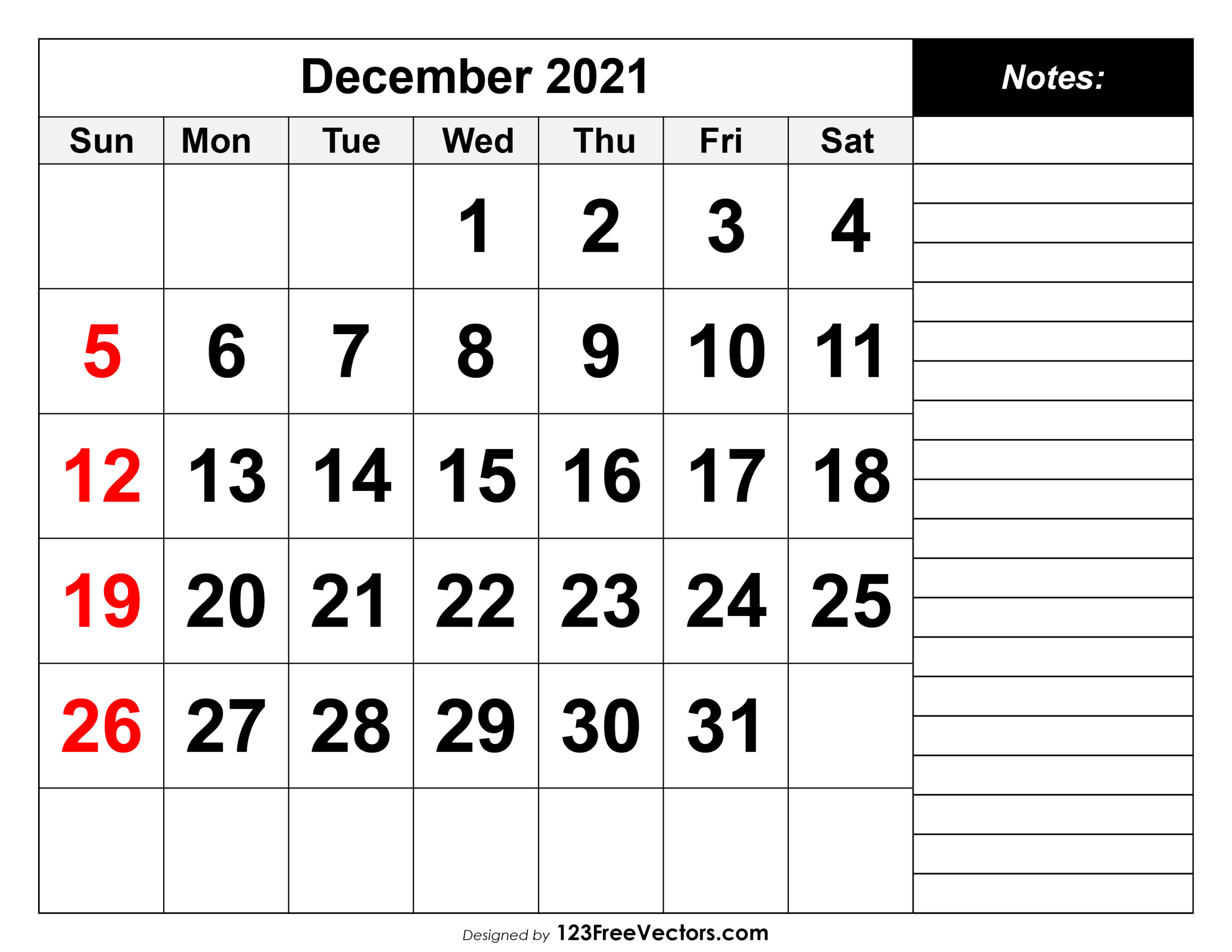 December 2021 11 X 17 Calendar Printable