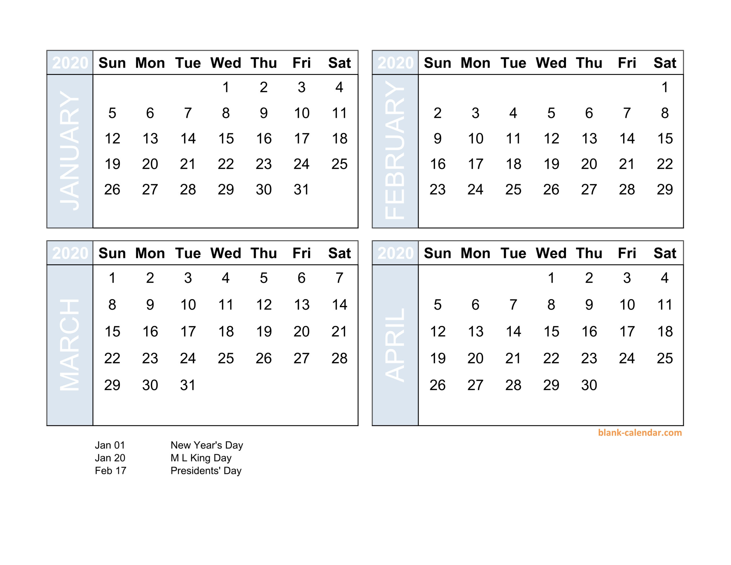 Free Download 2020 Excel Calendar Four Month In Landscape Format