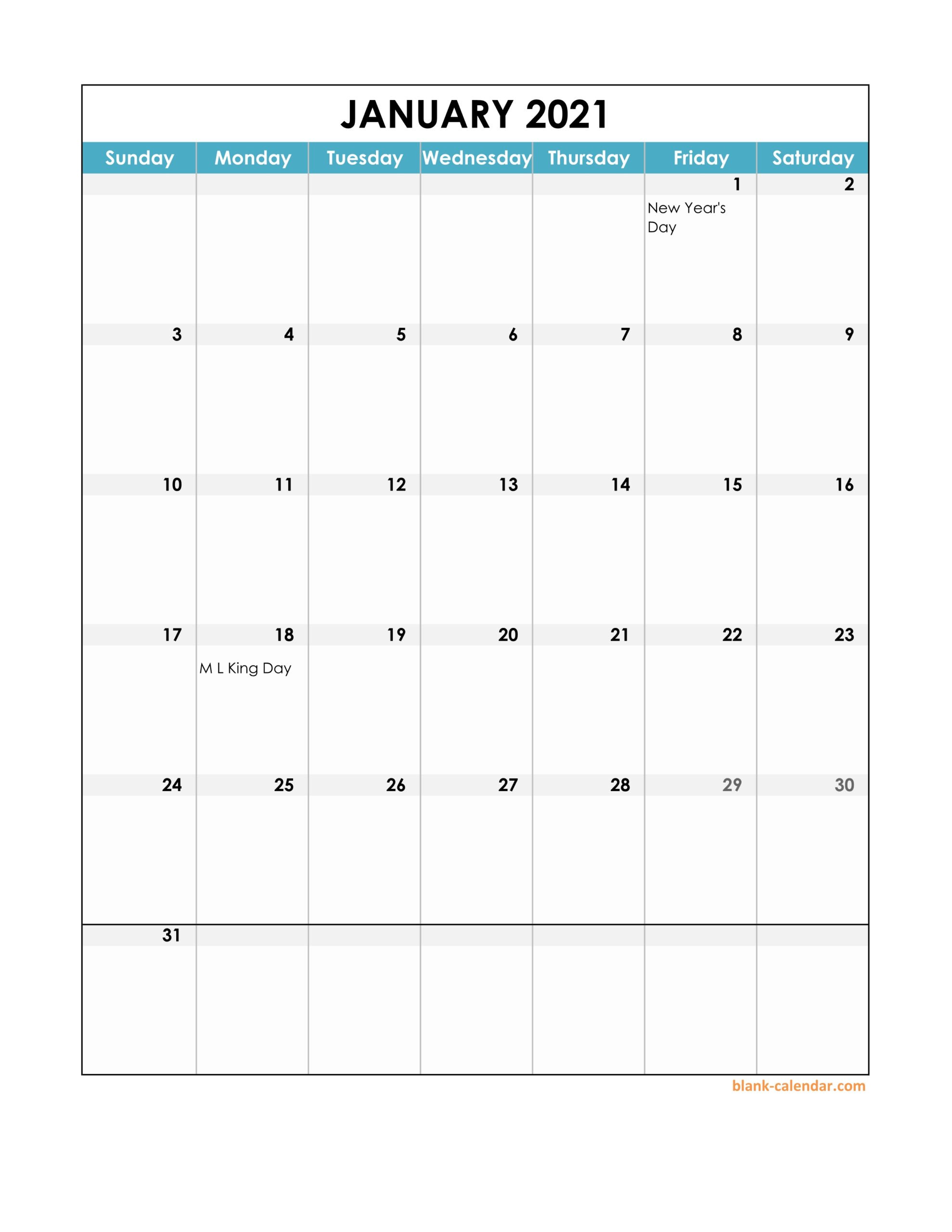 Free Download 2021 Excel Calendar, Full Page Table Grid, Us