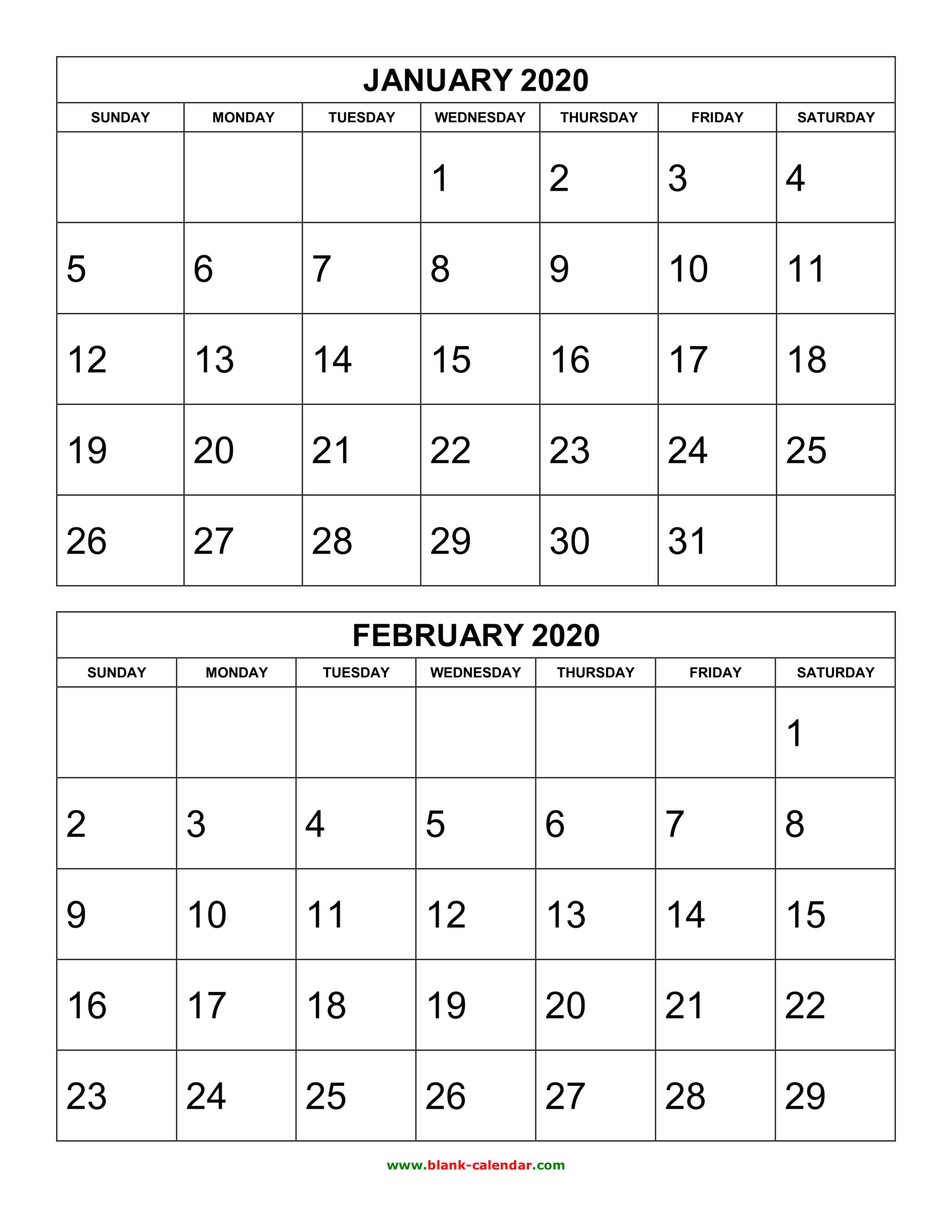 Free Download Printable Calendar 2020, 2 Months Per Page, 6