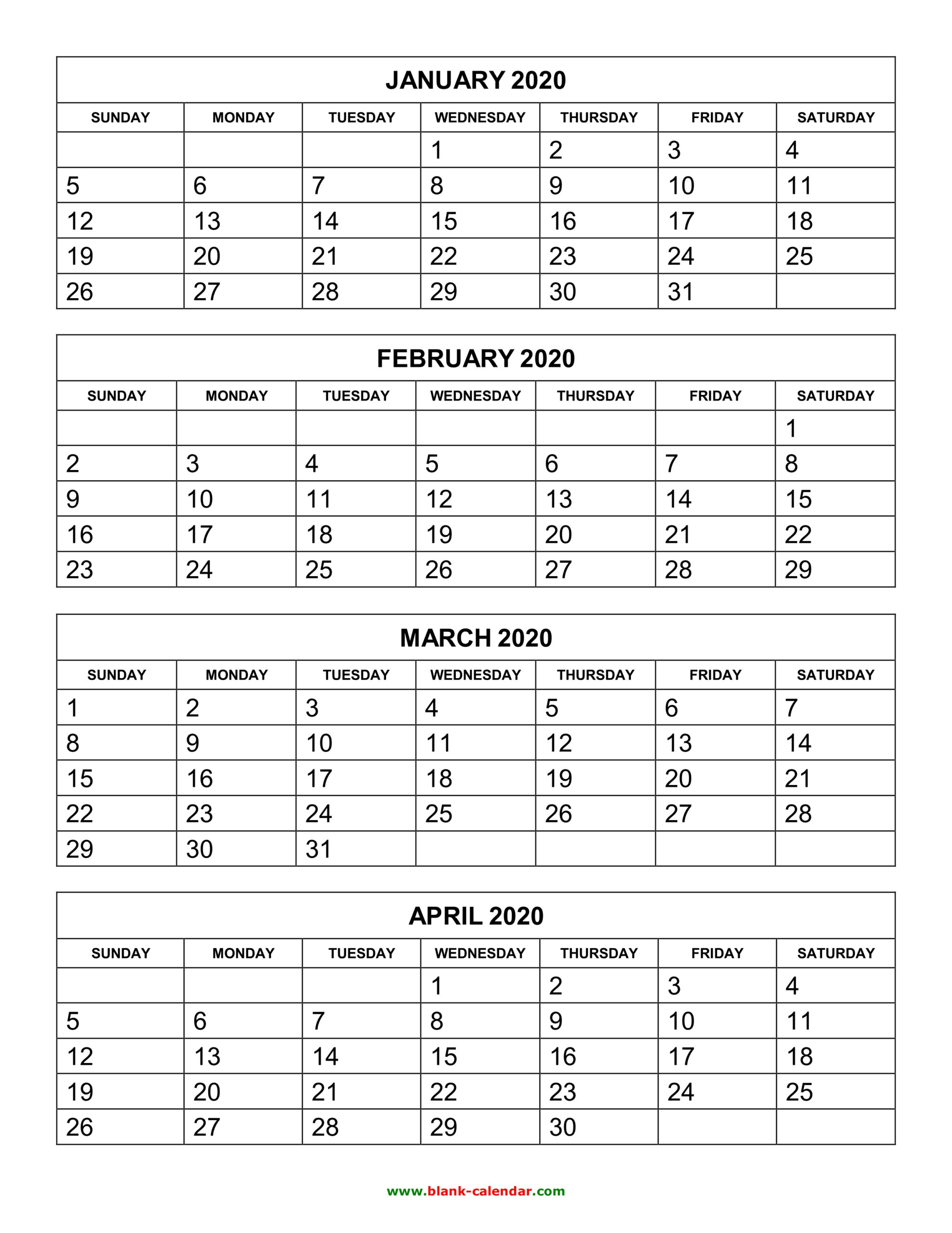 Free Download Printable Calendar 2020, 4 Months Per Page, 3