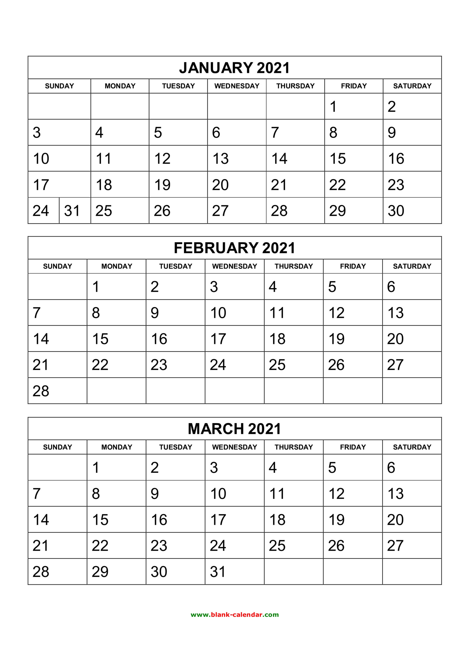 Free Download Printable Calendar 2021, 3 Months Per Page, 4