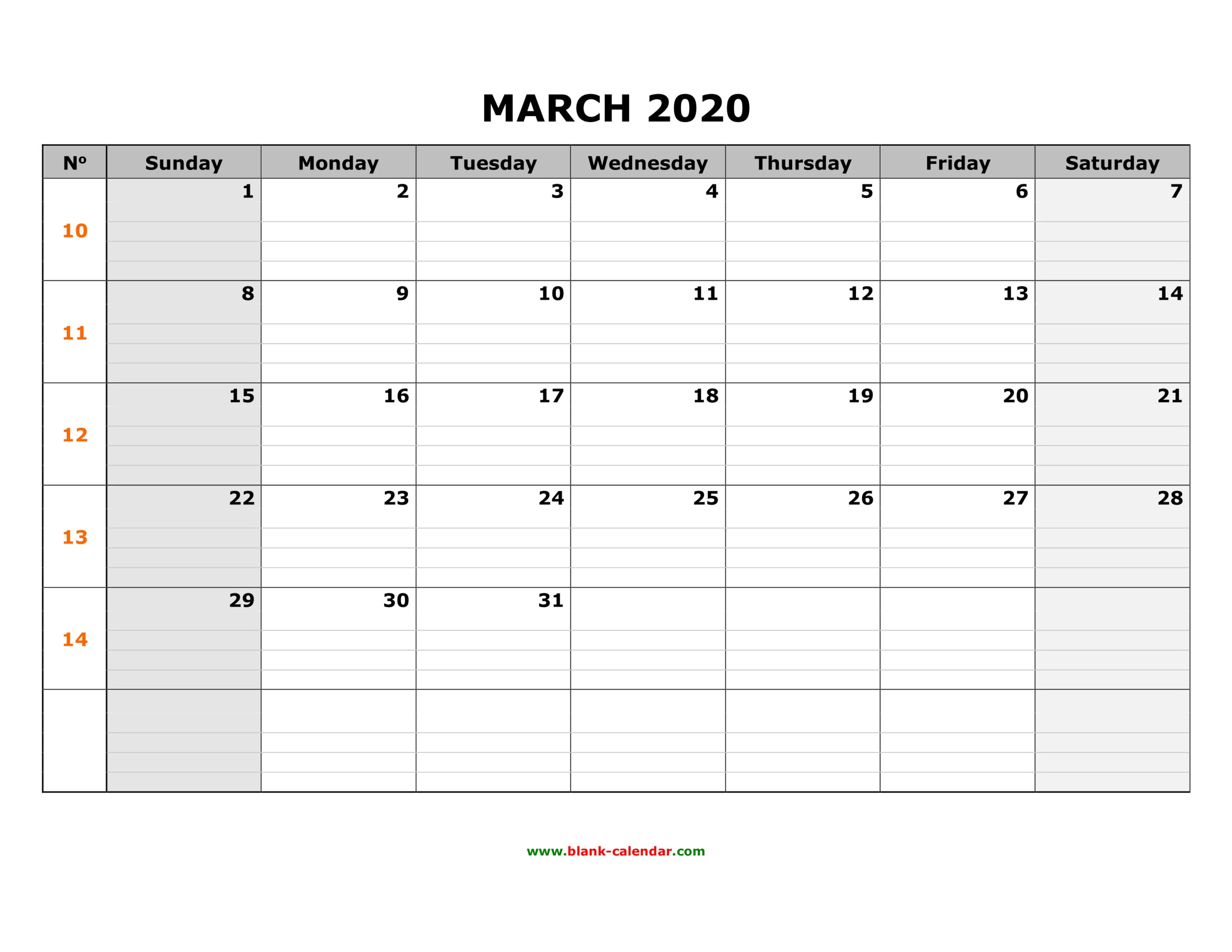 Free Download Printable March 2020 Calendar, Large Box Grid